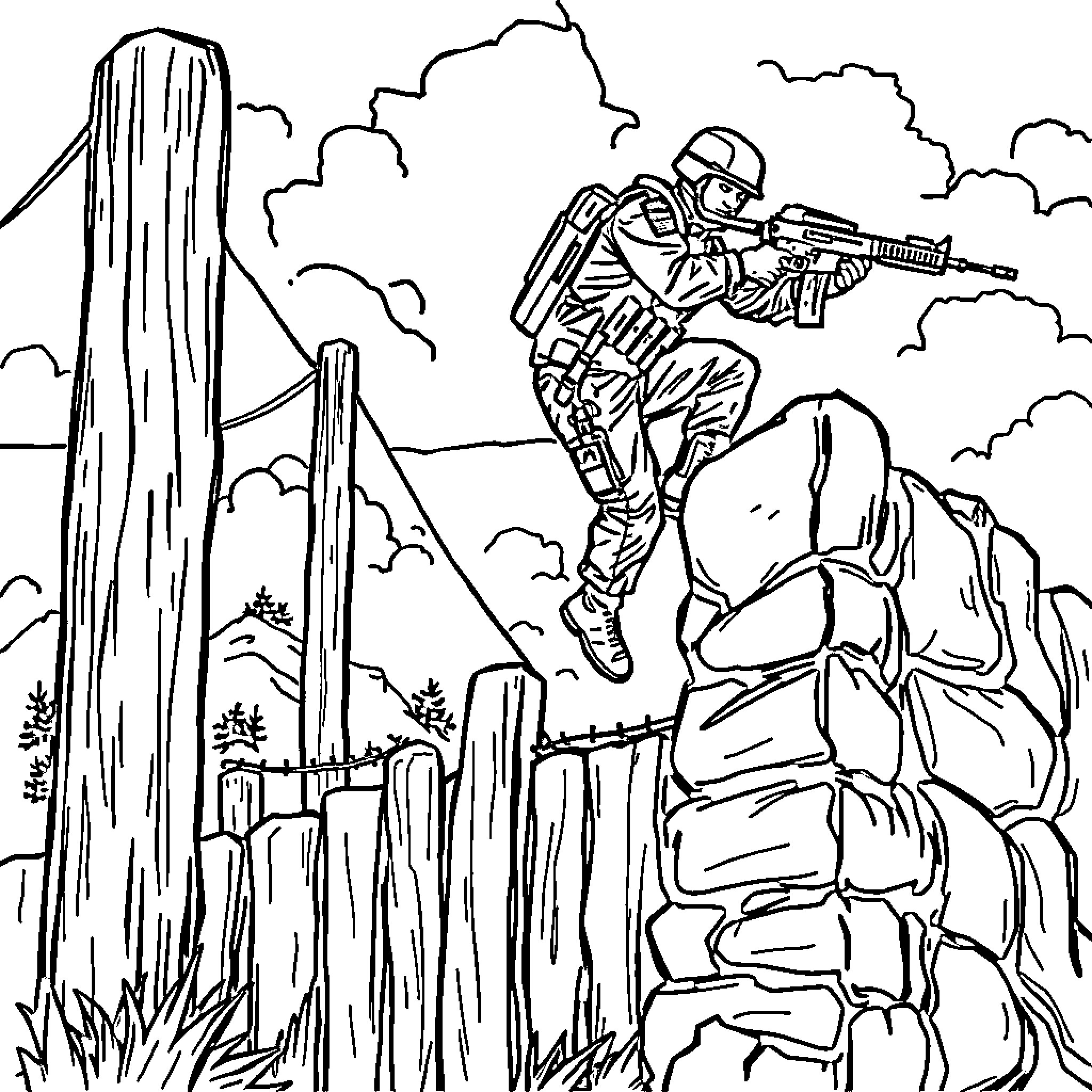 Soldier in action, tackling obstacles with determination Coloring Page (free black-and-white line drawing printable PDF for all, from beginners to advanced learners, including children, teens, adults, and seniors)