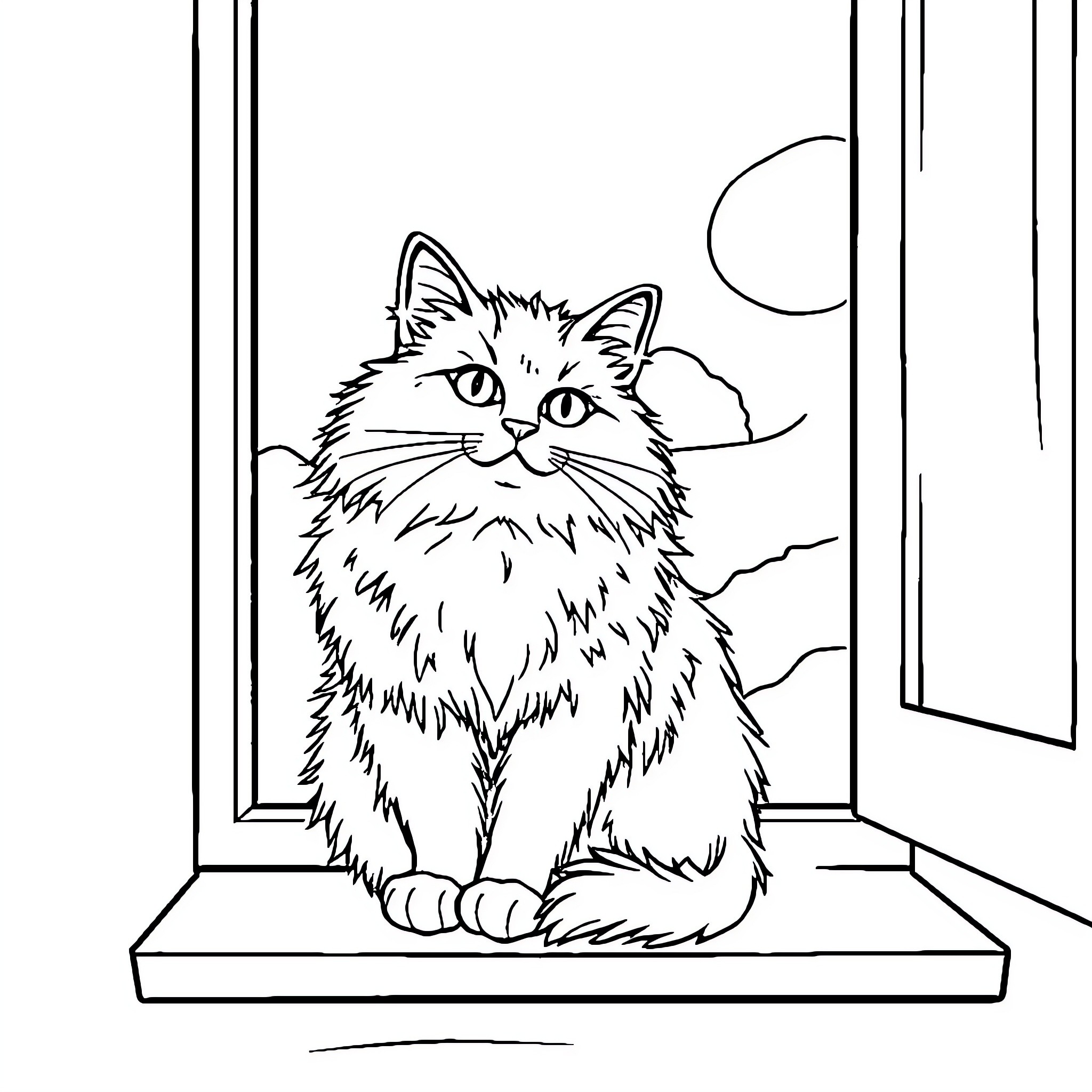 Cat gazing through the window Coloring Page (free black-and-white line drawing printable PDF for all, from beginners to advanced learners, including children, teens, adults, and seniors)