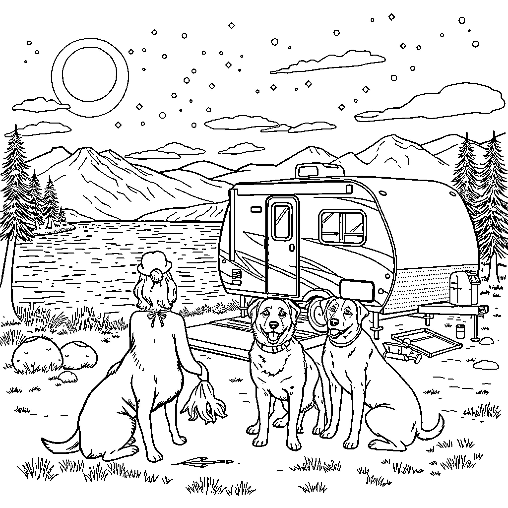 Sister's Camping Adventure in the Wilderness Coloring Page (free black-and-white line drawing printable PDF for all, from beginners to advanced learners, including children, teens, adults, and seniors)
