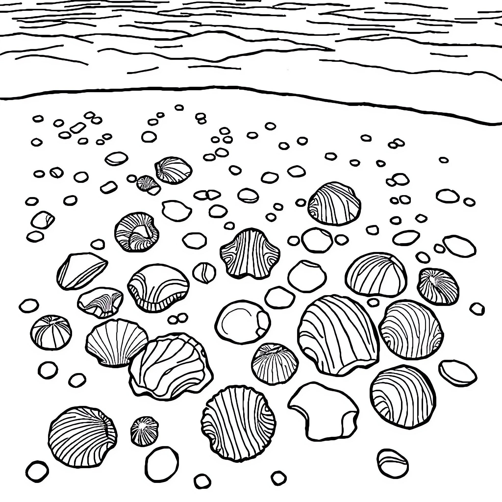 Seashells scattered on the shore Coloring Page (free black-and-white line drawing printable PDF for all, from beginners to advanced learners, including children, teens, adults, and seniors)