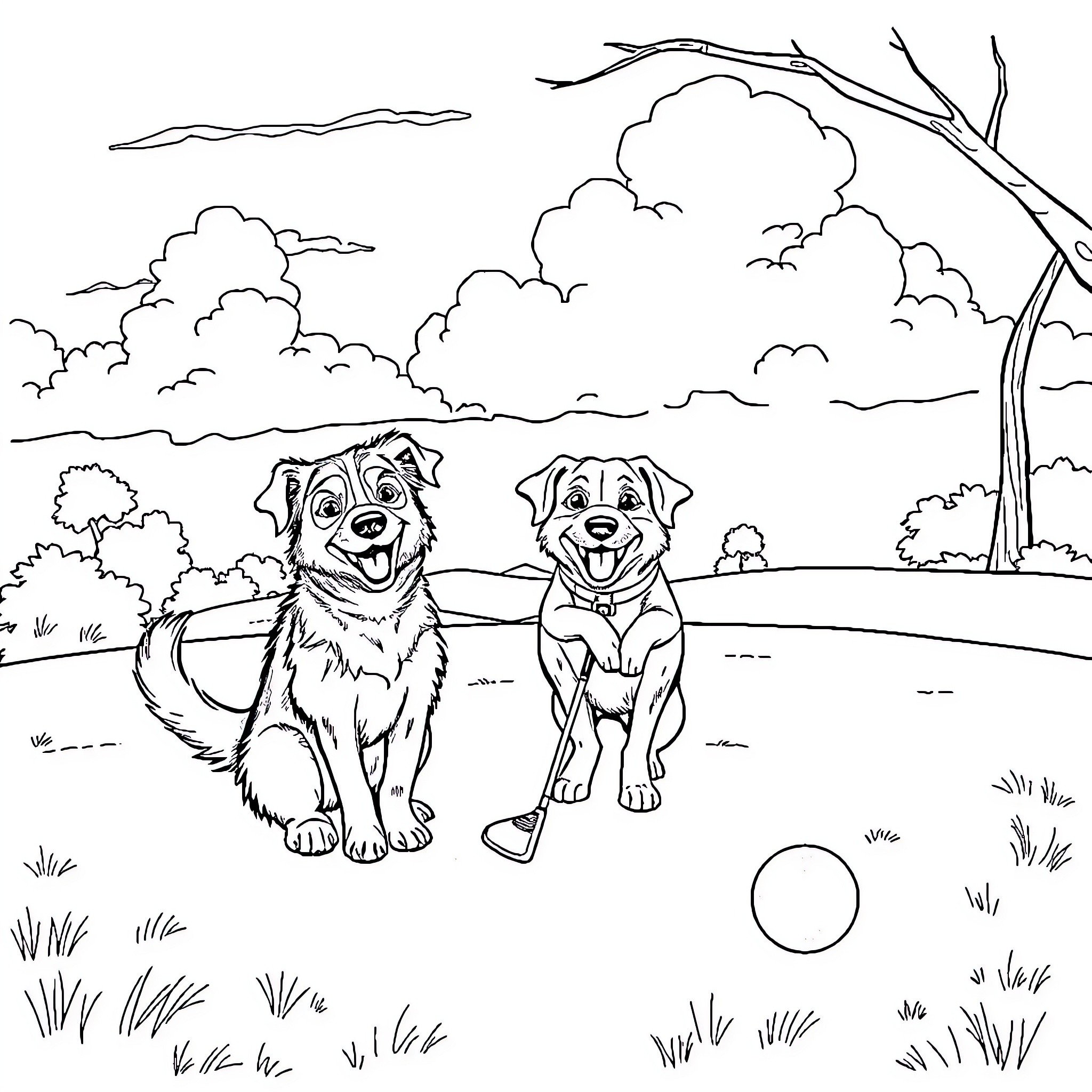 Dogs playing joyfully in an outdoor setting Coloring Page (free black-and-white line drawing printable PDF for all, from beginners to advanced learners, including children, teens, adults, and seniors)