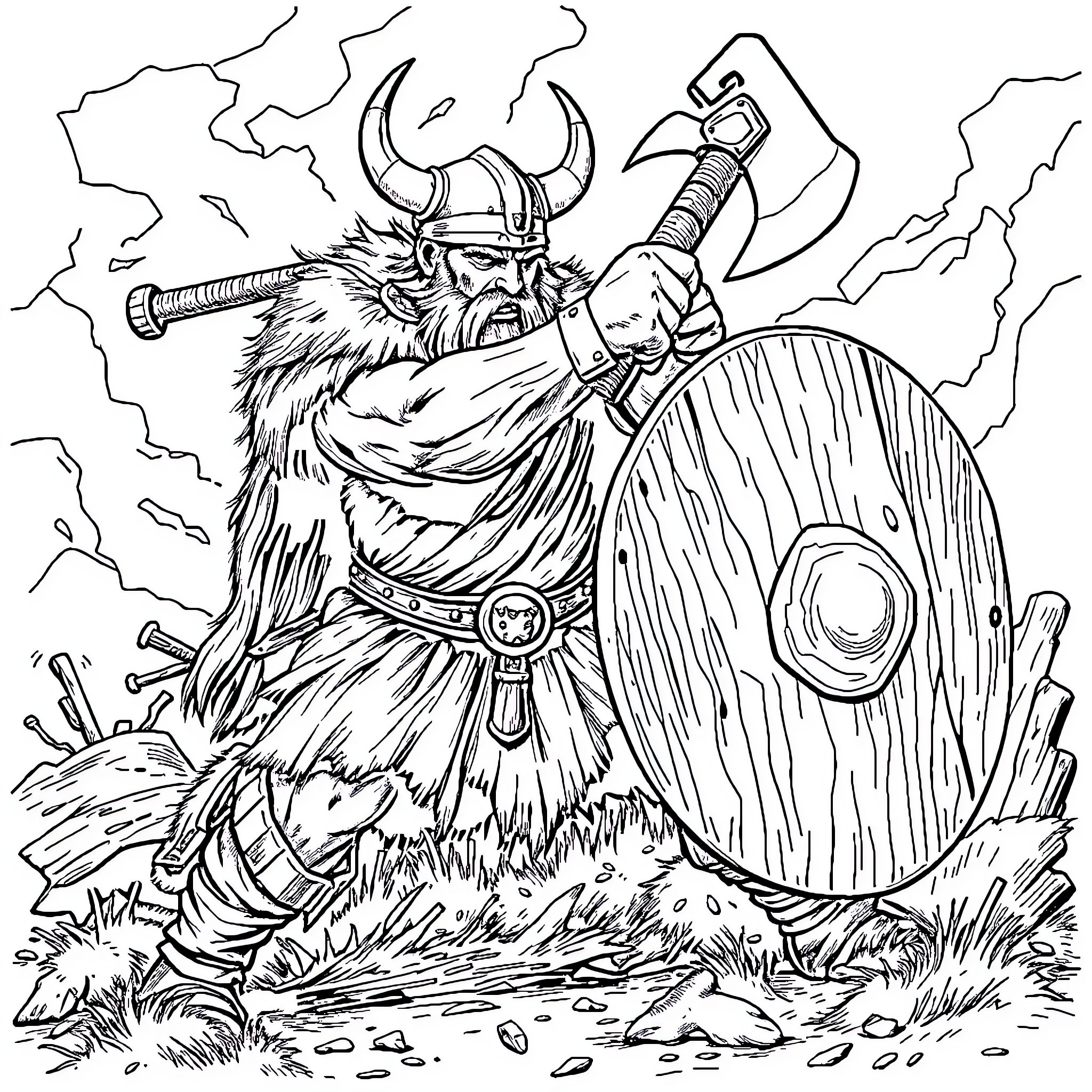 Viking Warrior Wielding Axe in Fierce Battle Coloring Page (free black-and-white line drawing printable PDF for all, from beginners to advanced learners, including children, teens, adults, and seniors)