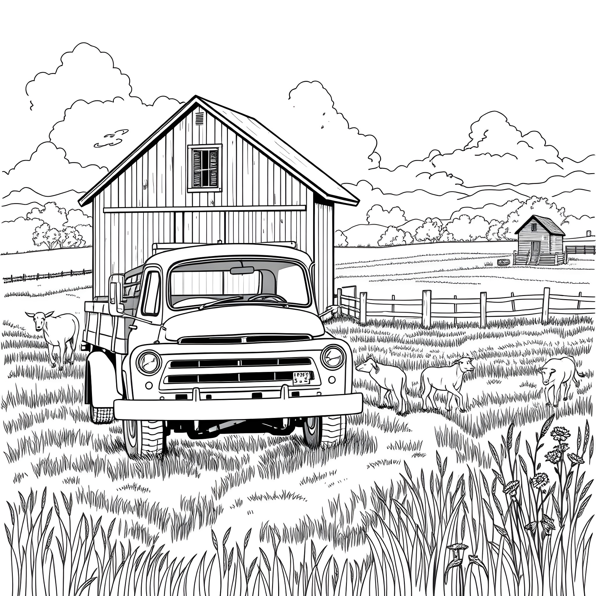 Farm Truck parked in front of rustic barn on countryside landscape Coloring Page (free black-and-white line drawing printable PDF for all, from beginners to advanced learners, including children, teens, adults, and seniors)