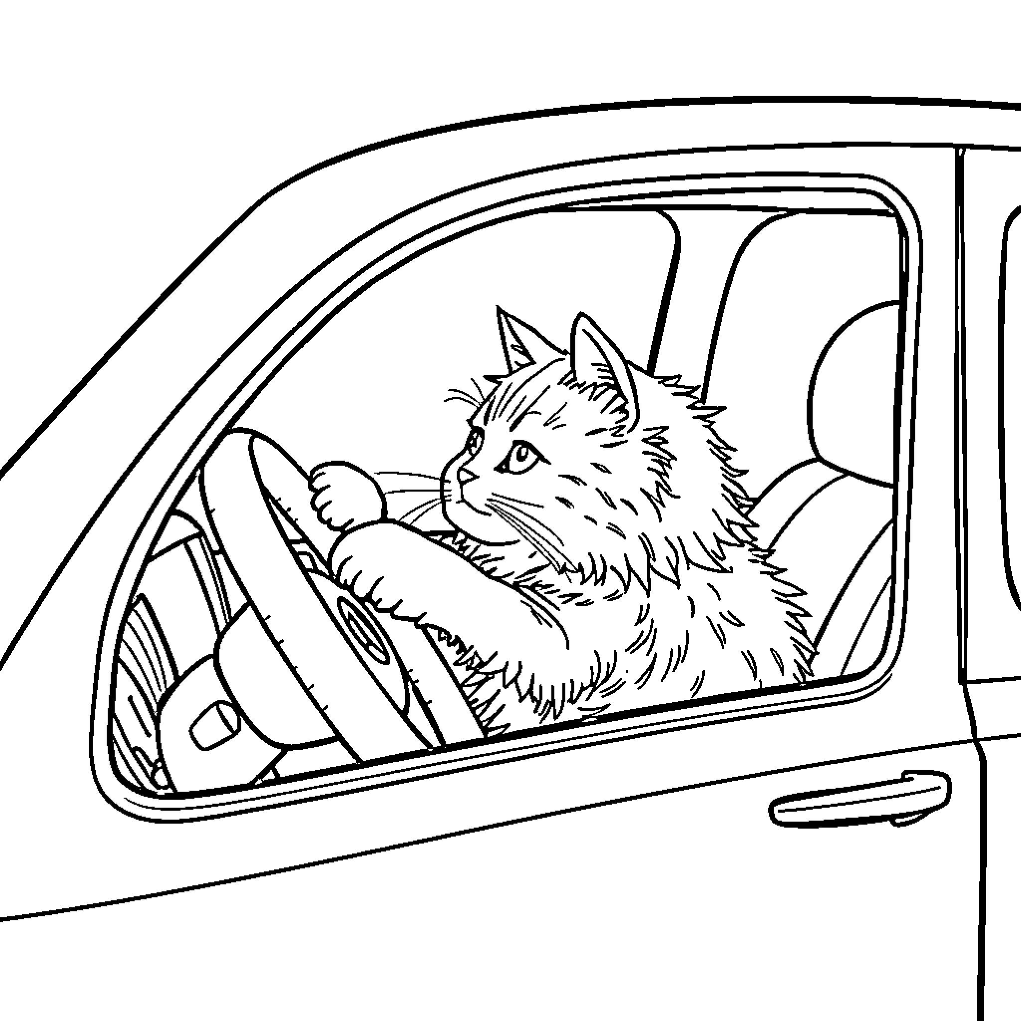 Cat sitting in the car Coloring Page (free black-and-white line drawing printable PDF for all, from beginners to advanced learners, including children, teens, adults, and seniors)