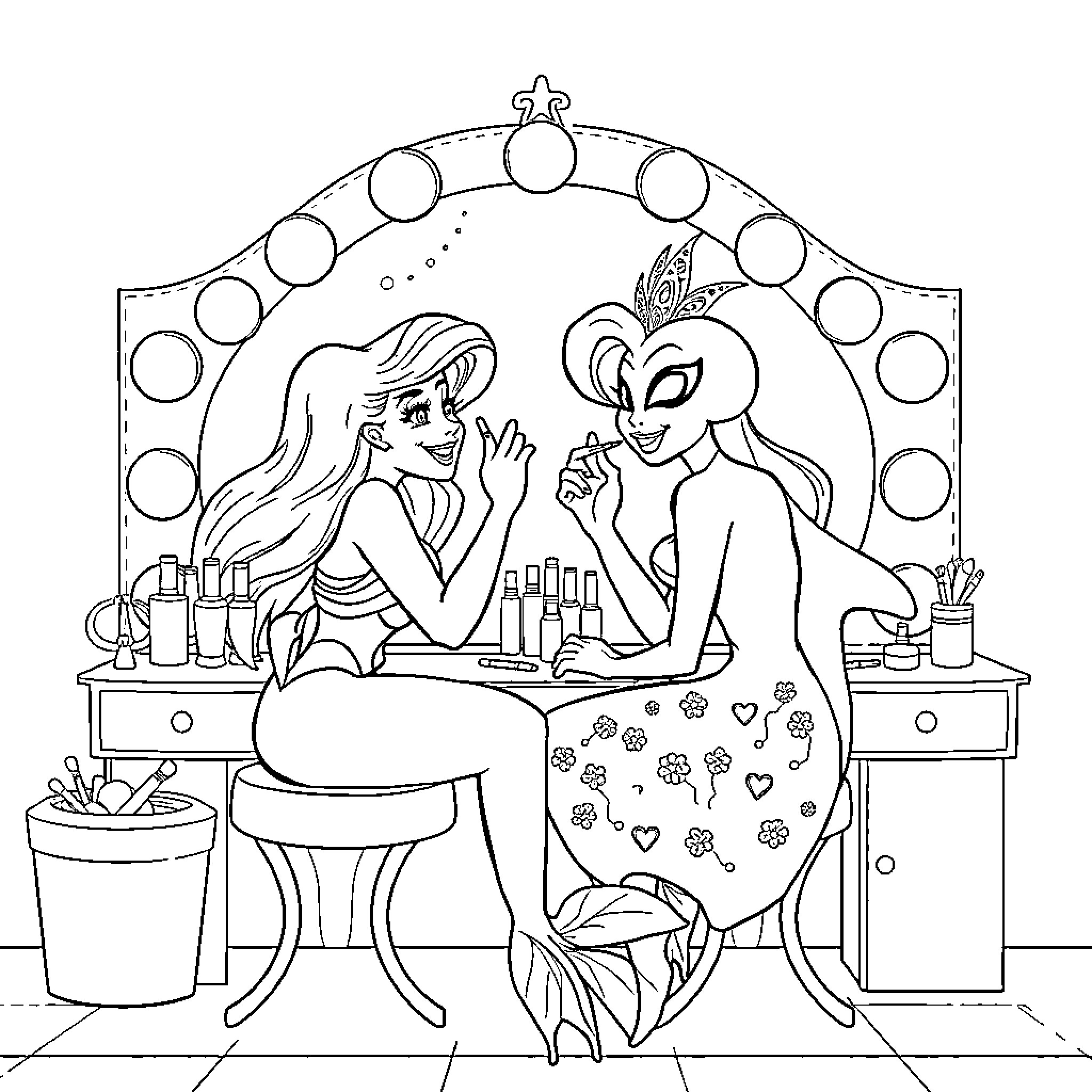 Ariel and Ursula at the Vanity Mirrors Coloring Page (free black-and-white line drawing printable PDF for all, from beginners to advanced learners, including children, teens, adults, and seniors)