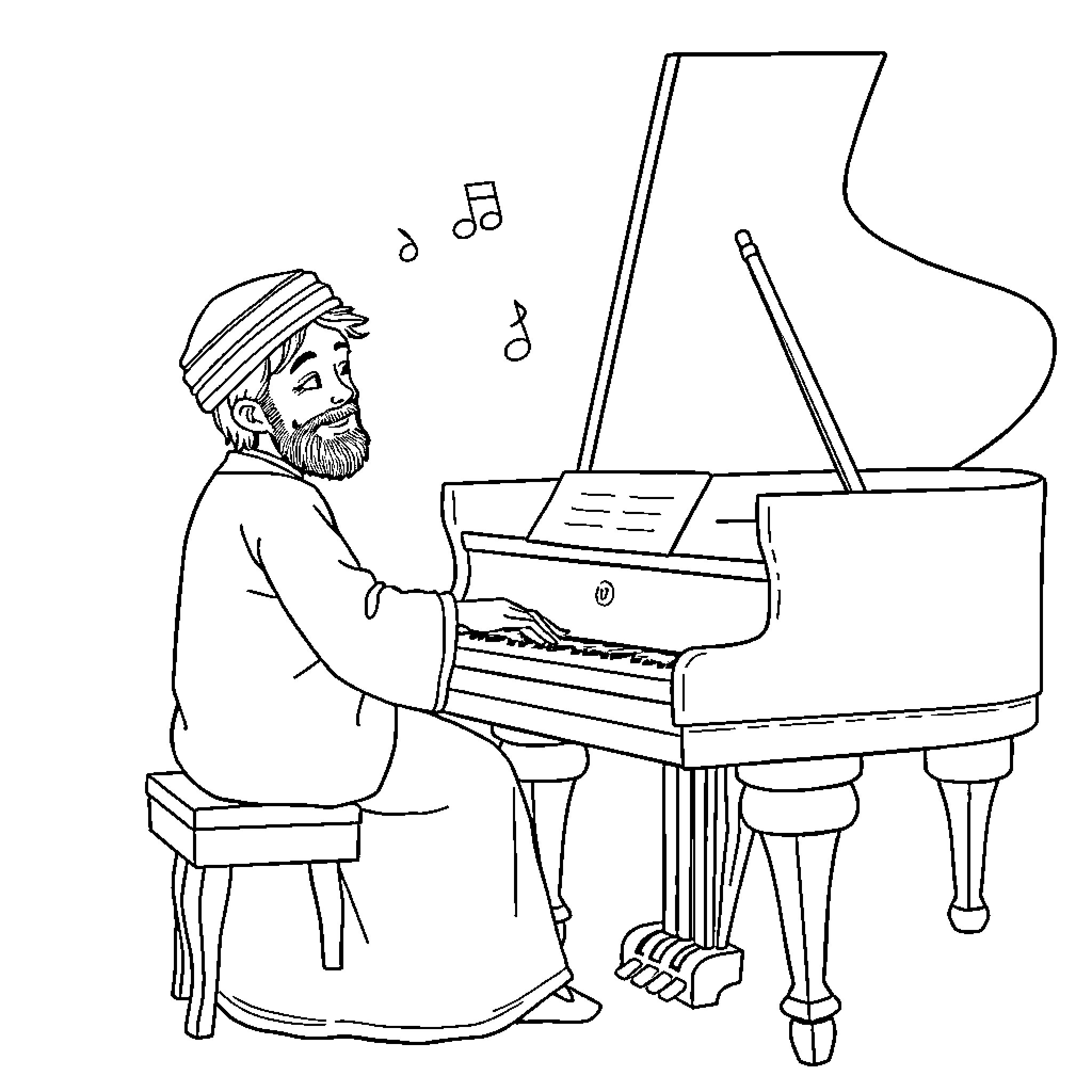 Jinu playing a grand piano joyfully Coloring Page (free black-and-white line drawing printable PDF for all, from beginners to advanced learners, including children, teens, adults, and seniors)