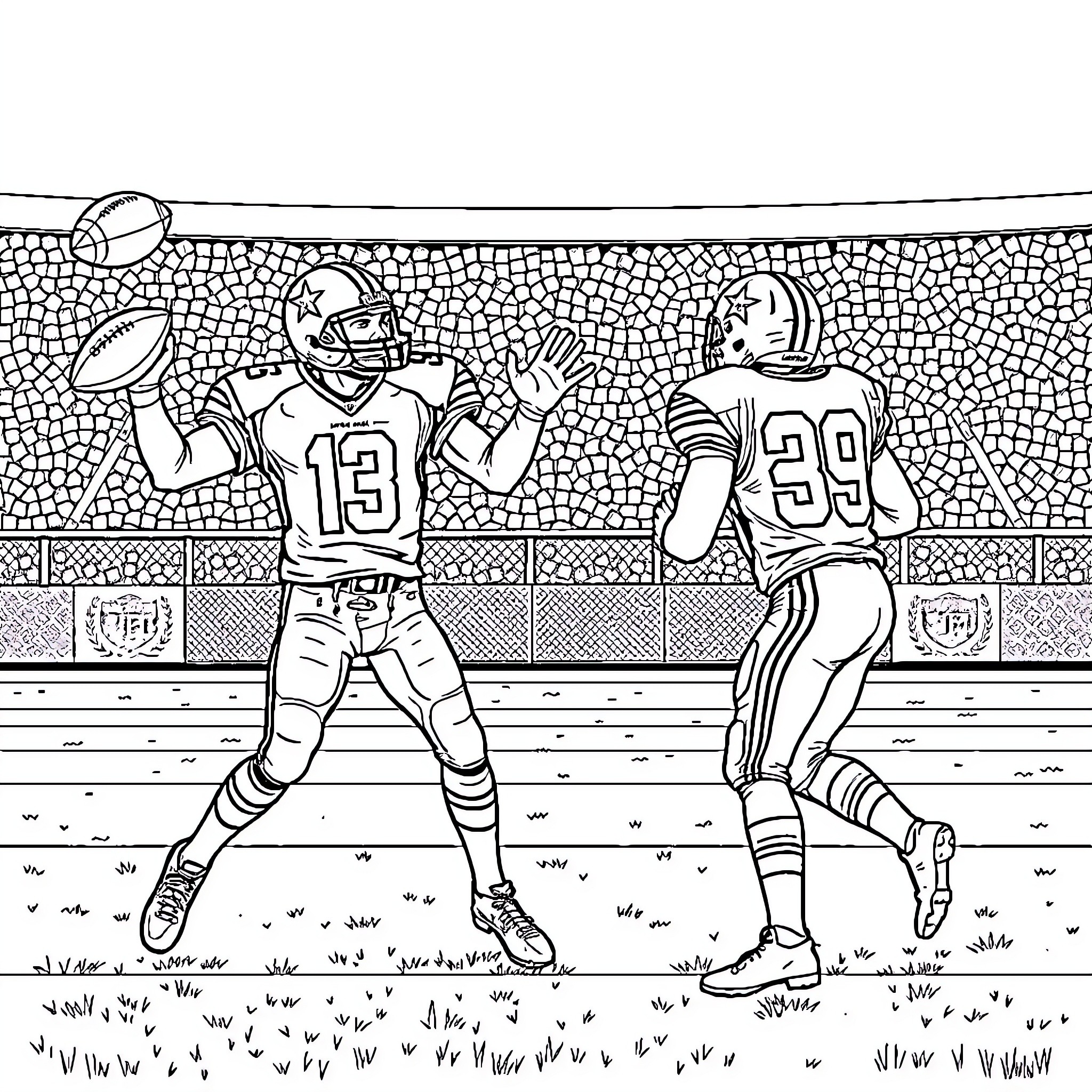American Football Players Competing on the Field Coloring Page (free black-and-white line drawing printable PDF for all, from beginners to advanced learners, including children, teens, adults, and seniors)