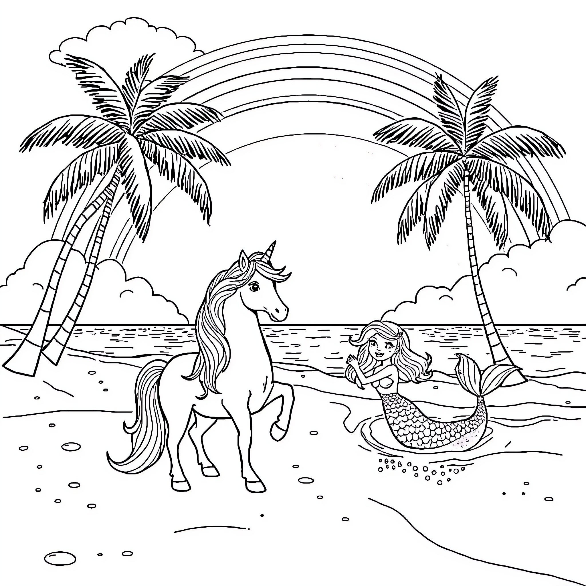 Unicorn and Mermaid Playing by the Beach Coloring Page (free black-and-white line drawing printable PDF for all, from beginners to advanced learners, including children, teens, adults, and seniors)