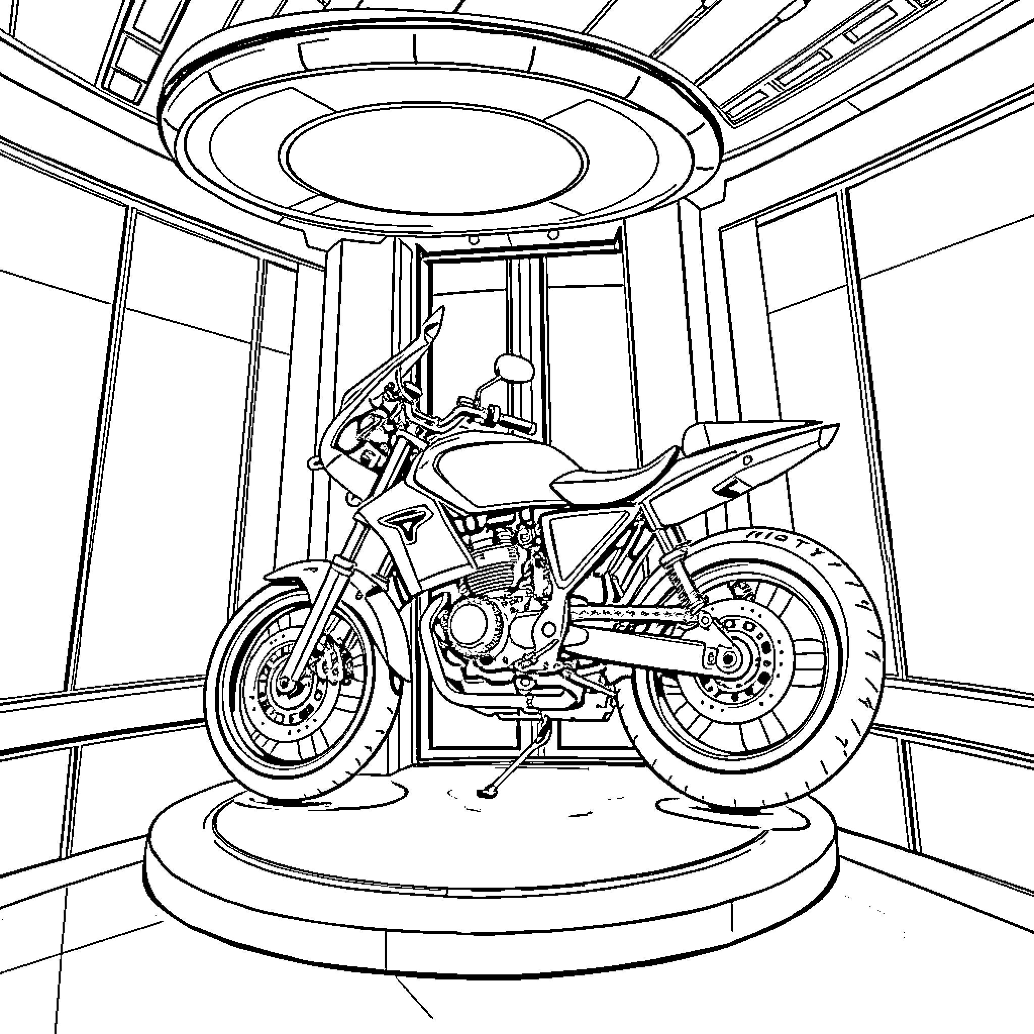 Bike on display in futuristic showroom Coloring Page (free black-and-white line drawing printable PDF for all, from beginners to advanced learners, including children, teens, adults, and seniors)