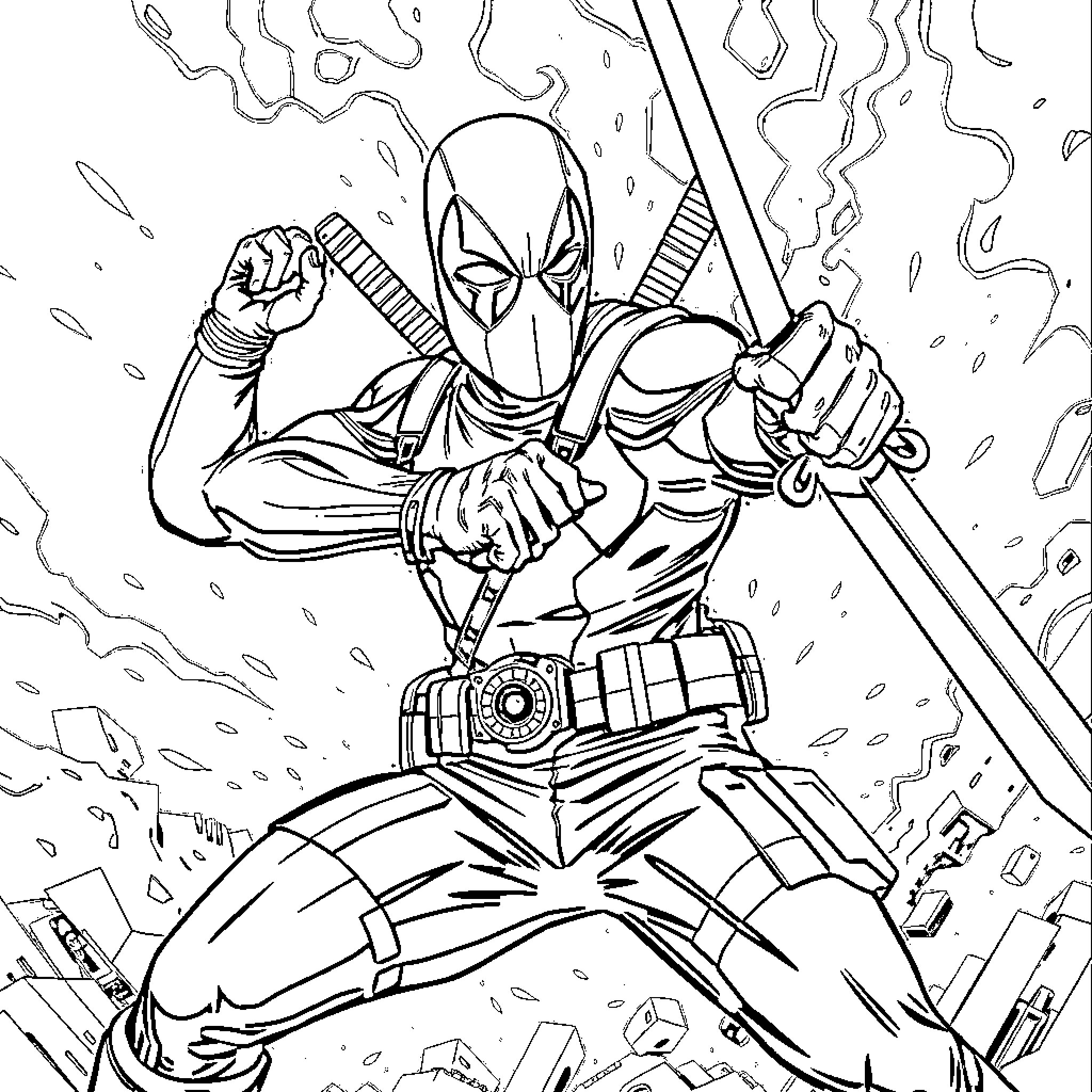 Deadpool Unleashing His Chaotic Might Coloring Page (free black-and-white line drawing printable PDF for all, from beginners to advanced learners, including children, teens, adults, and seniors)