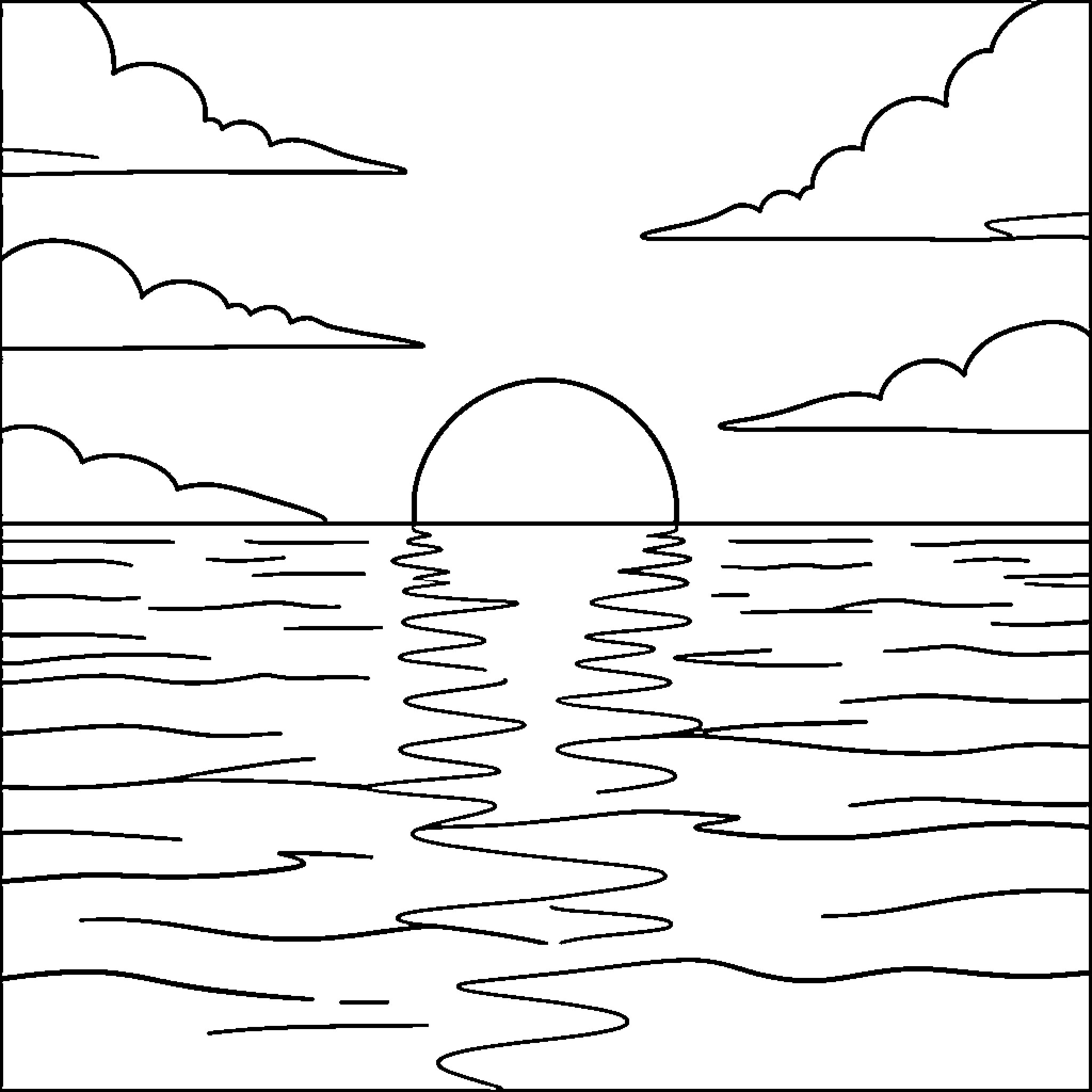 Ocean waves reflecting the setting sun behind clouds Coloring Page (free black-and-white line drawing printable PDF for all, from beginners to advanced learners, including children, teens, adults, and seniors)