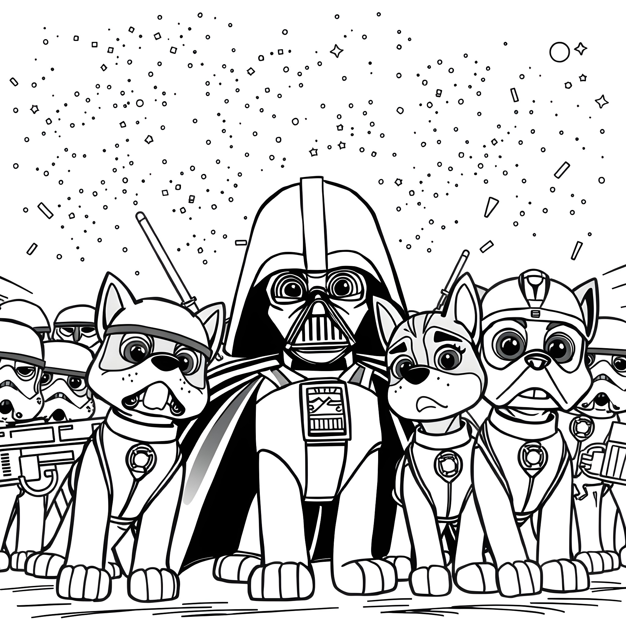 Paw Patrol characters in Star Wars-inspired outfits Coloring Page (free black-and-white line drawing printable PDF for all, from beginners to advanced learners, including children, teens, adults, and seniors)