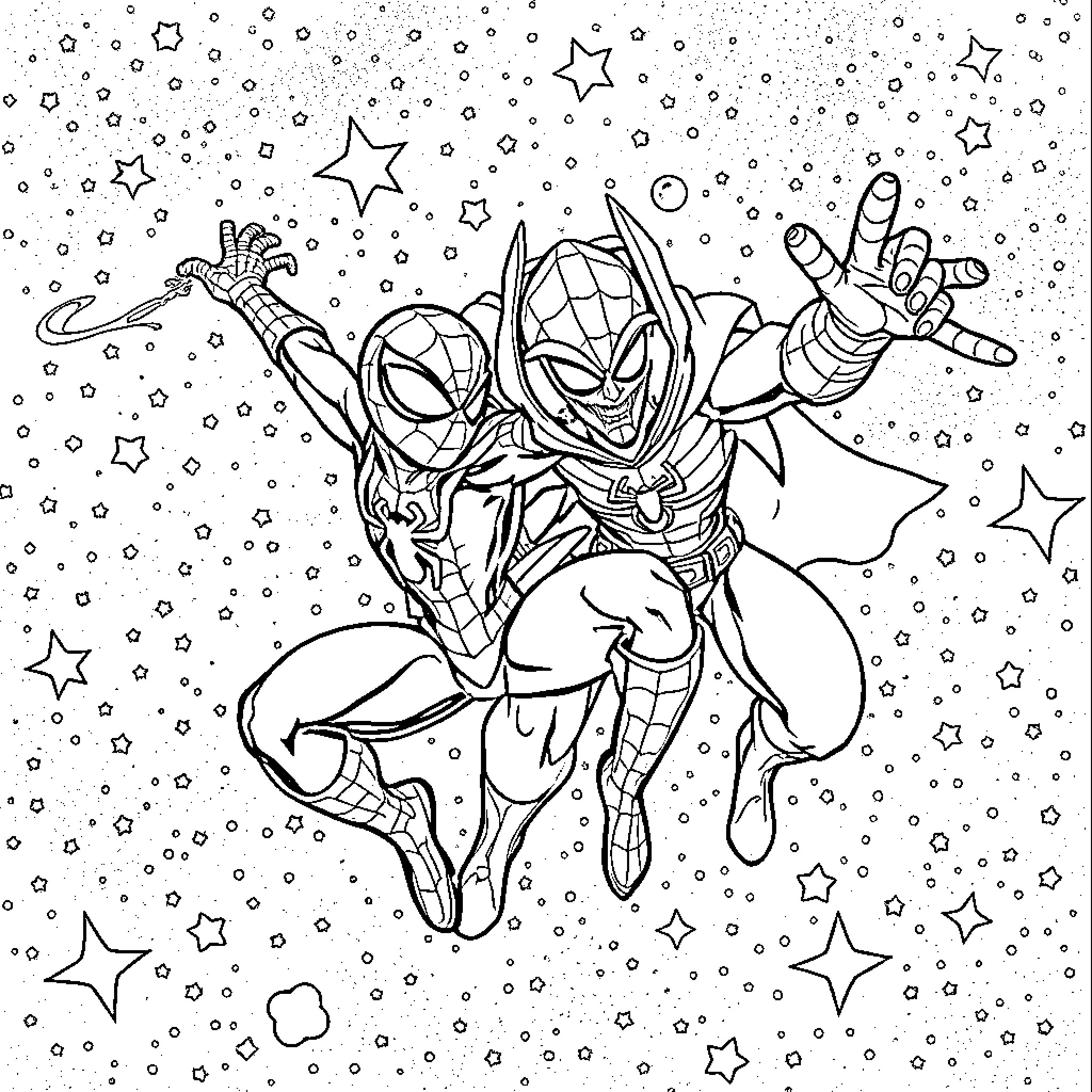 Bluey superhero leaping through cosmic space Coloring Page (free black-and-white line drawing printable PDF for all, from beginners to advanced learners, including children, teens, adults, and seniors)