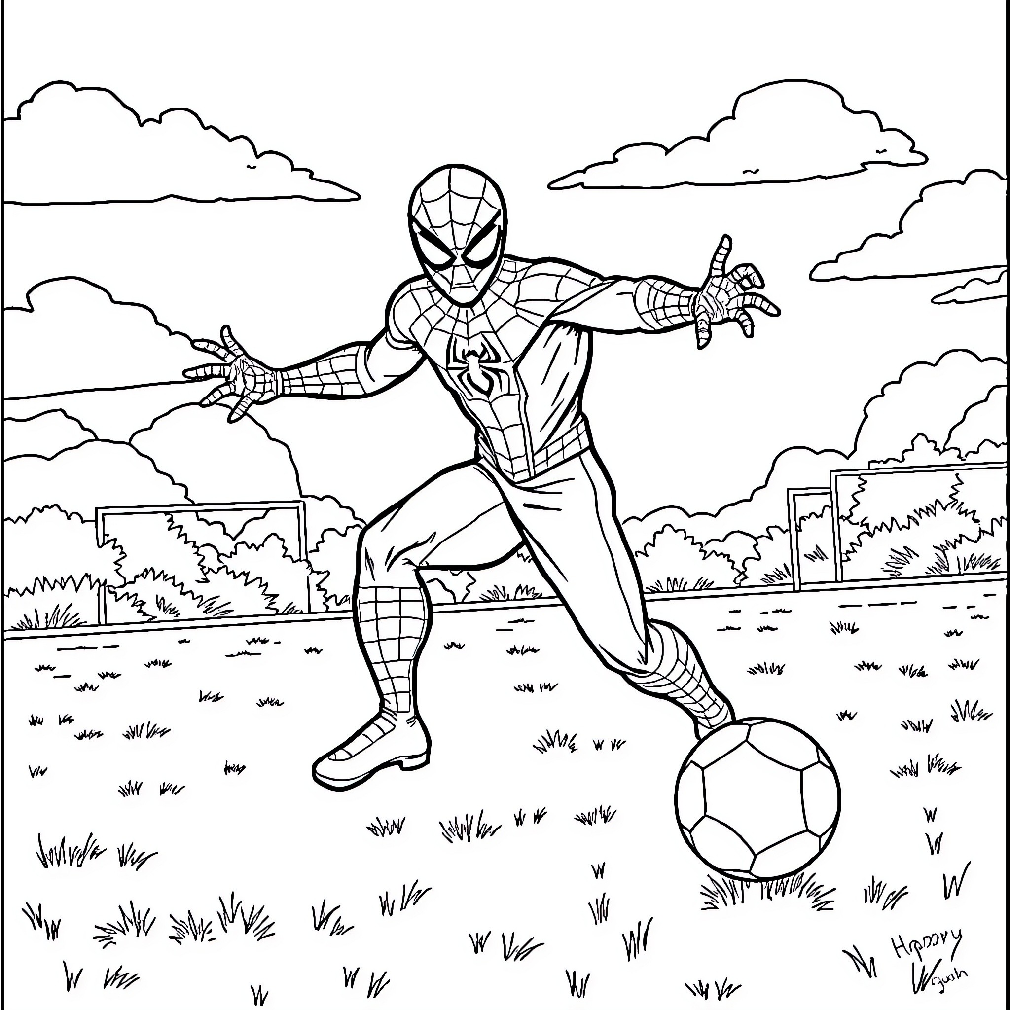 Spiderman kicking a soccer ball in a field Coloring Page (free black-and-white line drawing printable PDF for all, from beginners to advanced learners, including children, teens, adults, and seniors)
