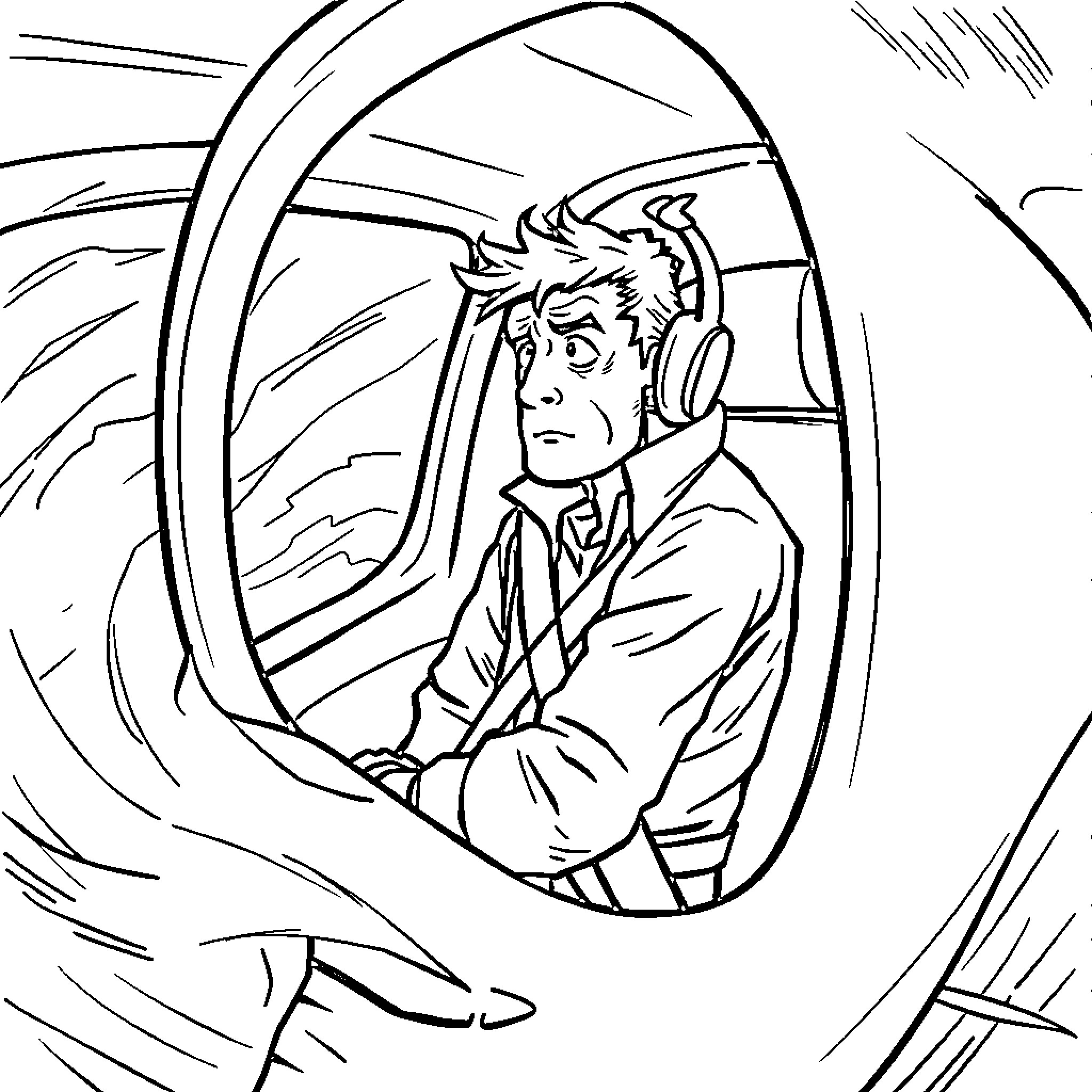 Helicopter pilot in a perilous situation Coloring Page (free black-and-white line drawing printable PDF for all, from beginners to advanced learners, including children, teens, adults, and seniors)