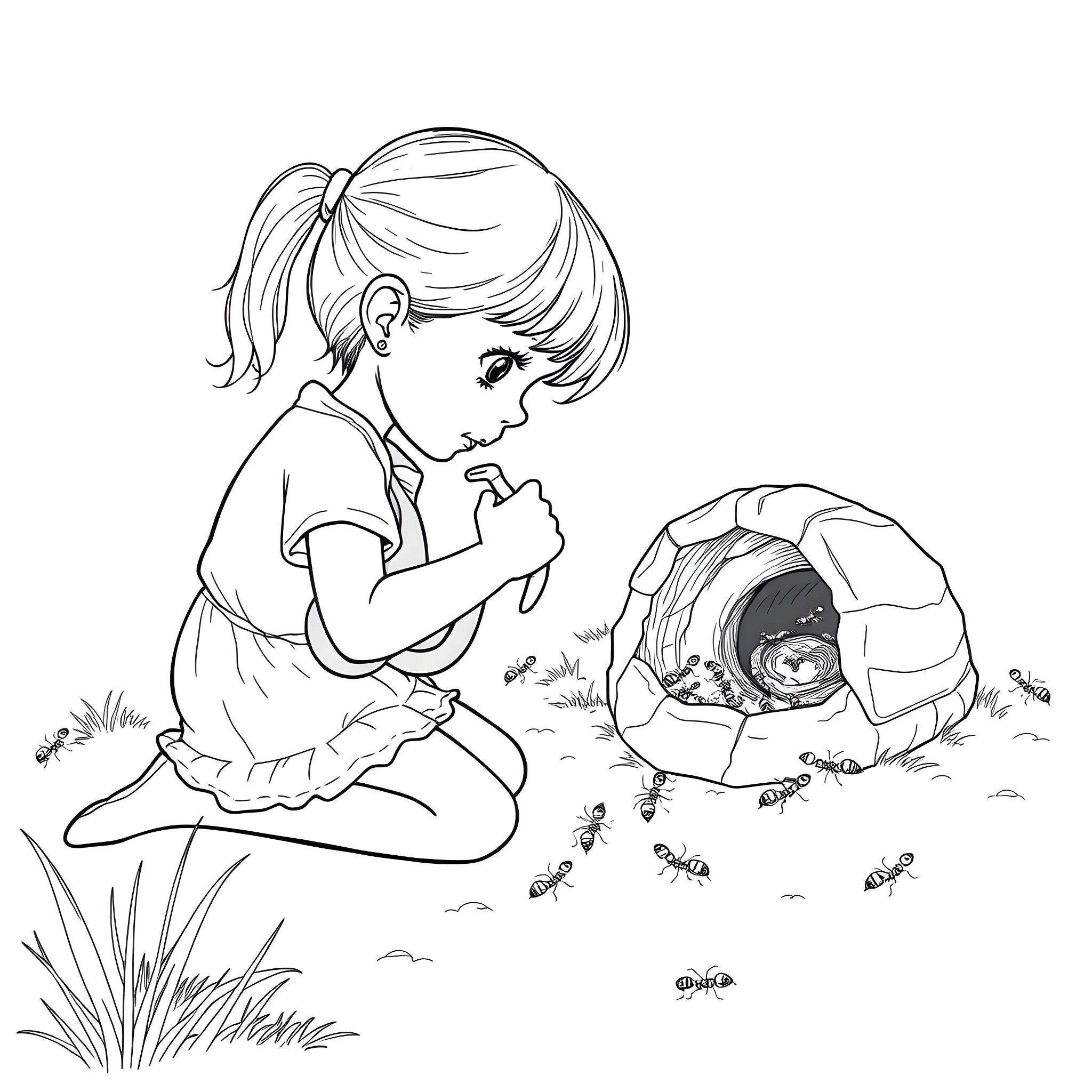 Girl examining ants in the grass Coloring Page (free black-and-white line drawing printable PDF for all, from beginners to advanced learners, including children, teens, adults, and seniors)