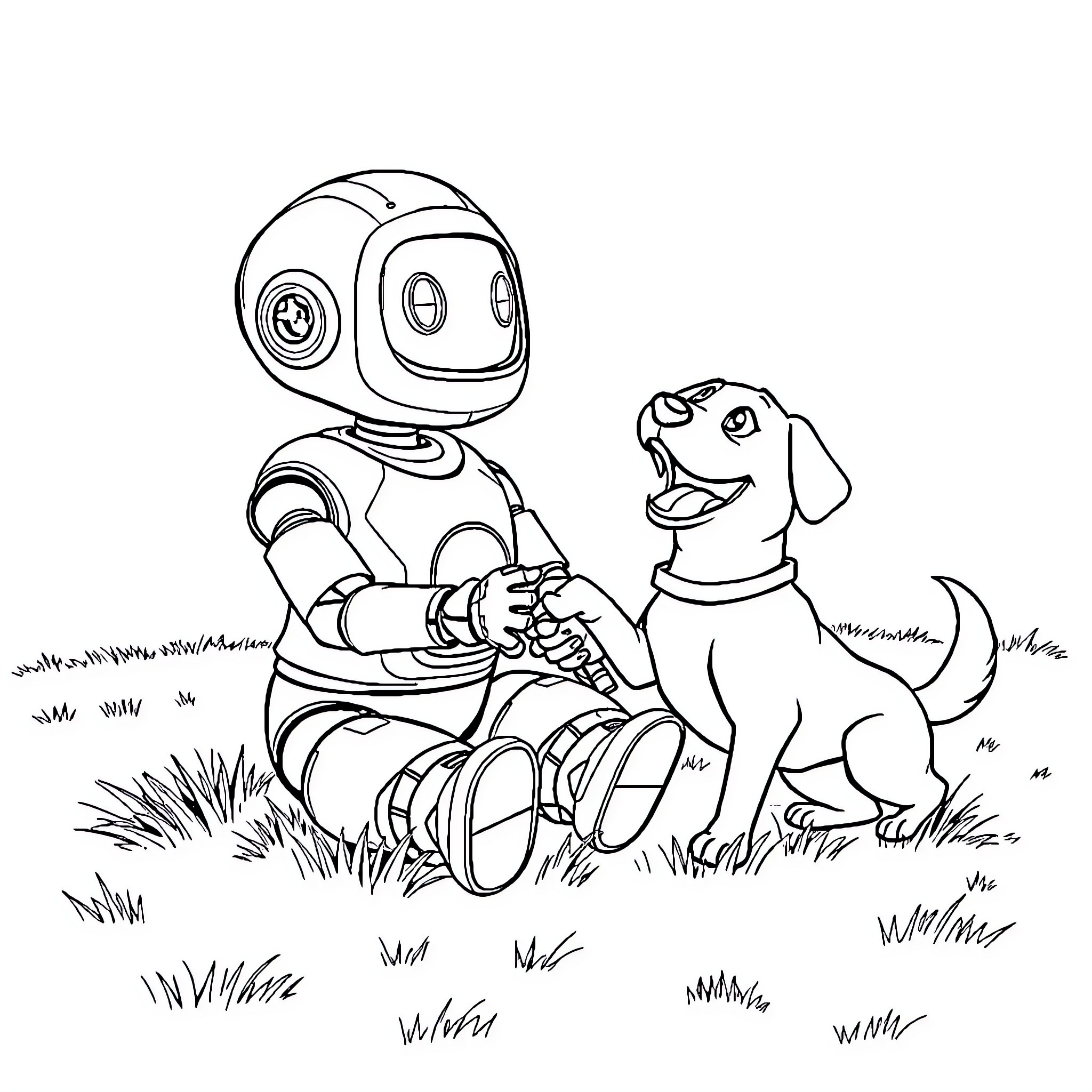 Robot playing happily with a dog in the park Coloring Page (free black-and-white line drawing printable PDF for all, from beginners to advanced learners, including children, teens, adults, and seniors)