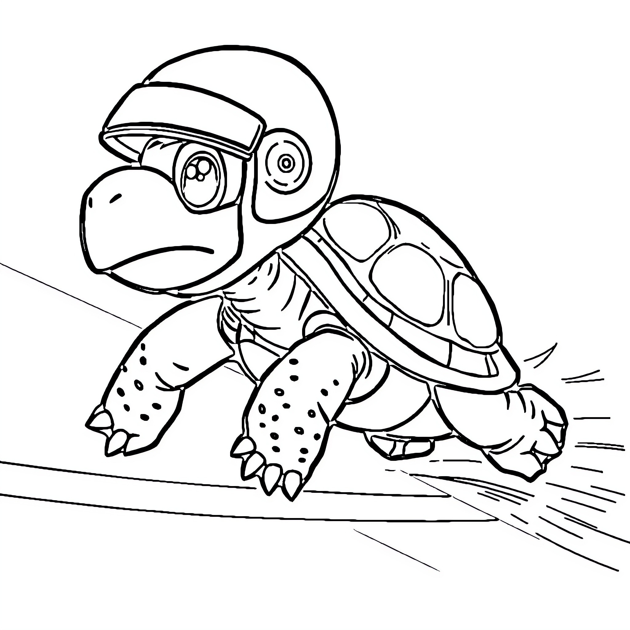 Turtle with Helmet Rushing Forward Coloring Page (free black-and-white line drawing printable PDF for all, from beginners to advanced learners, including children, teens, adults, and seniors)