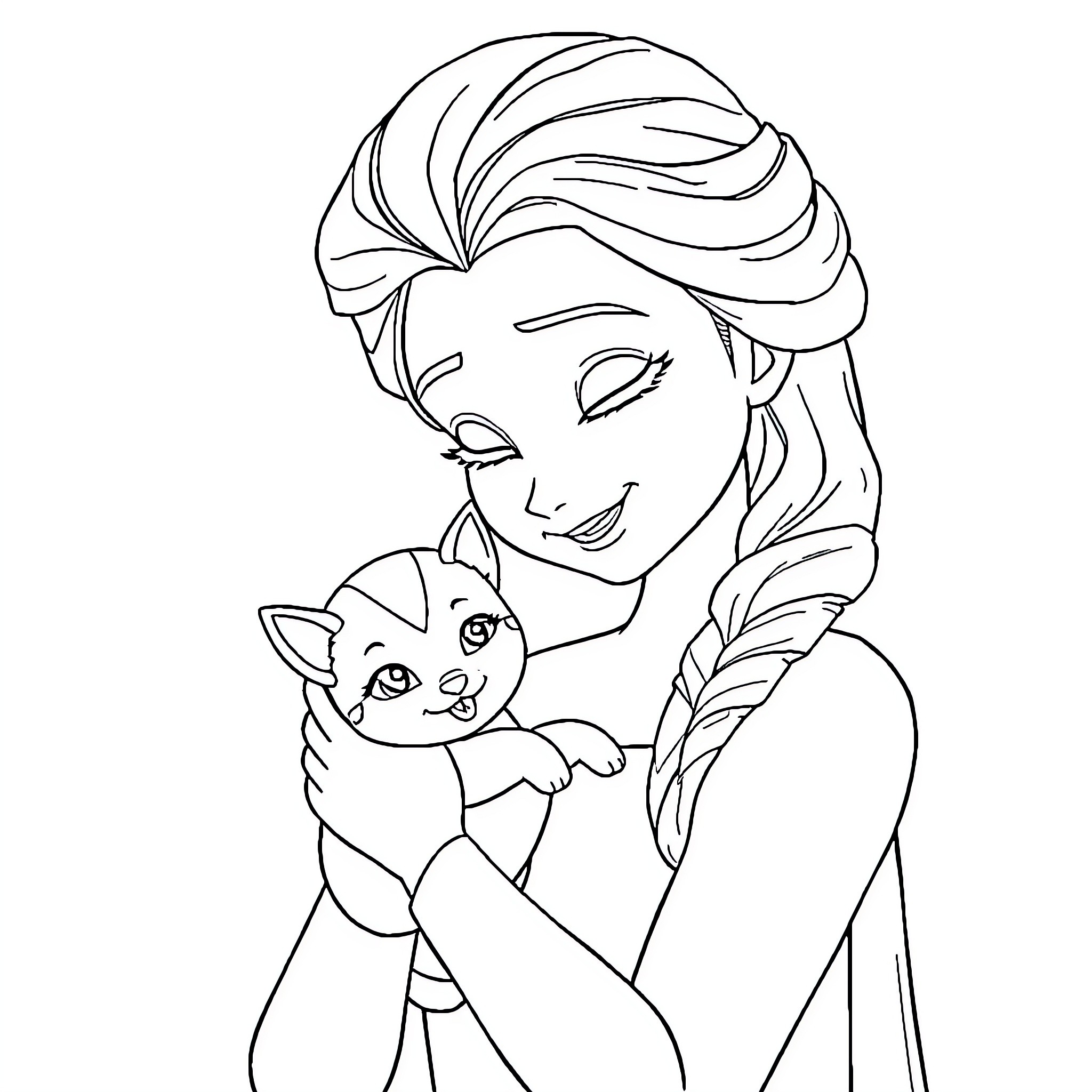 Elsa playing with her kitten friend Coloring Page (free black-and-white line drawing printable PDF for all, from beginners to advanced learners, including children, teens, adults, and seniors)