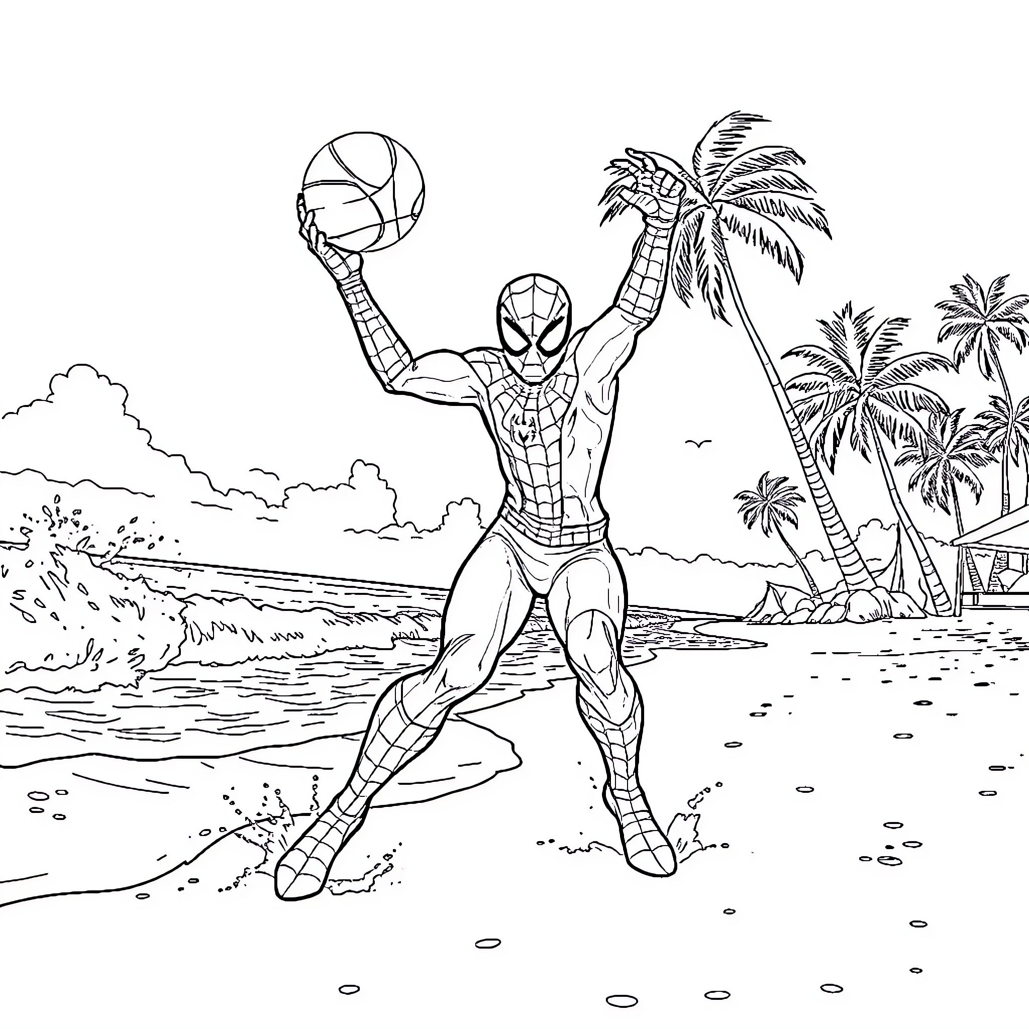 Spiderman playing basketball on a tropical beach Coloring Page (free black-and-white line drawing printable PDF for all, from beginners to advanced learners, including children, teens, adults, and seniors)
