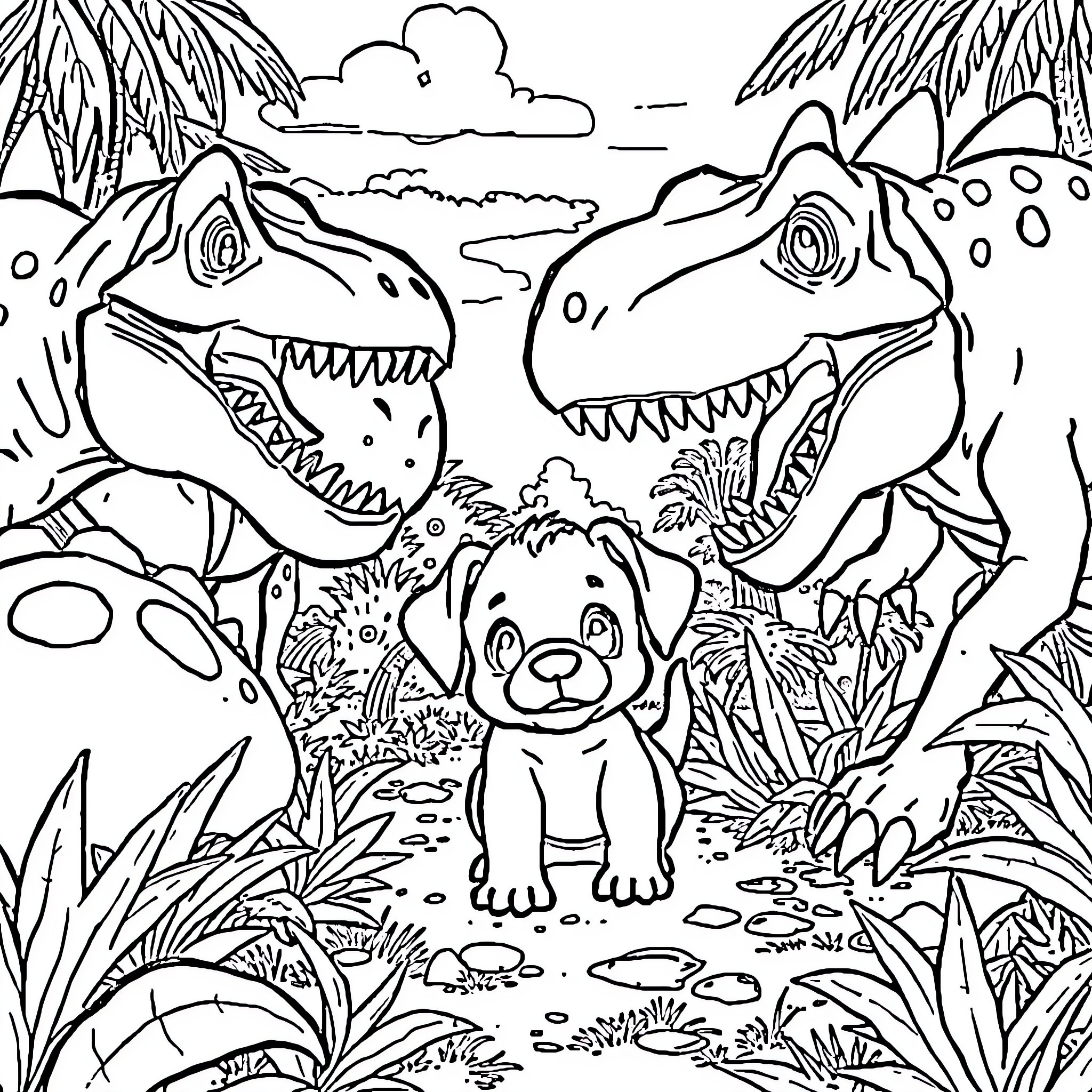Puppy surrounded by playful dinosaurs in the wilderness Coloring Page (free black-and-white line drawing printable PDF for all, from beginners to advanced learners, including children, teens, adults, and seniors)