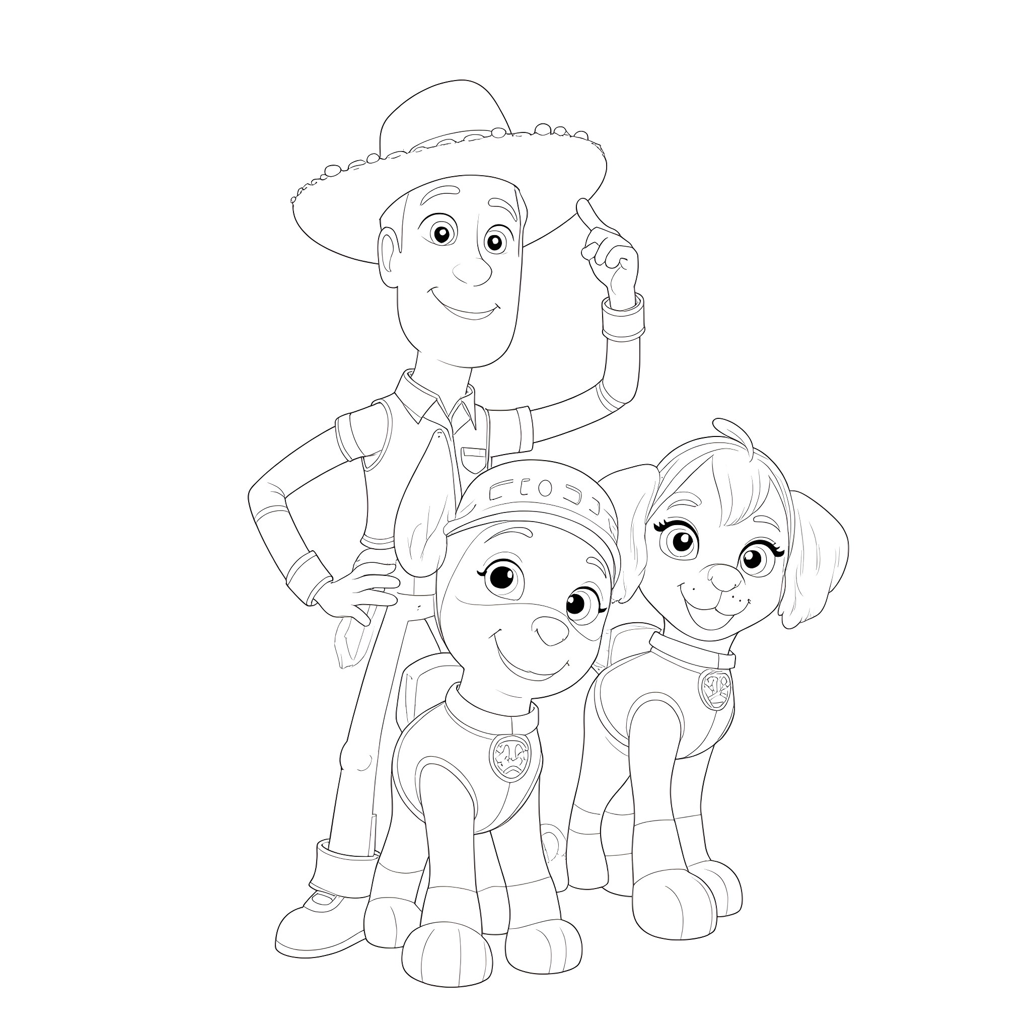 Woody and Buzz in an adventure together Coloring Page (free black-and-white line drawing printable PDF for all, from beginners to advanced learners, including children, teens, adults, and seniors)