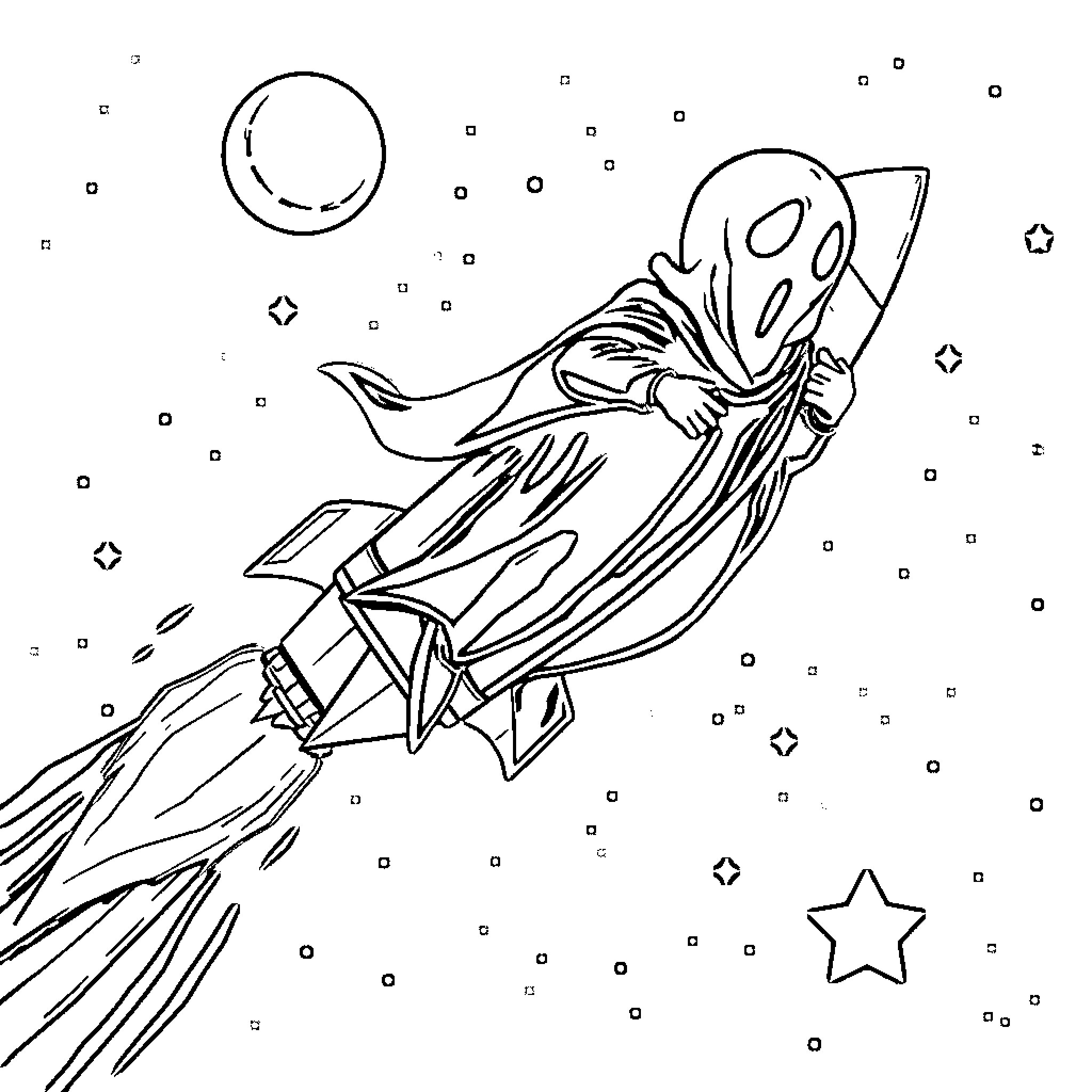 Ghostface flying through the cosmic void Coloring Page (free black-and-white line drawing printable PDF for all, from beginners to advanced learners, including children, teens, adults, and seniors)
