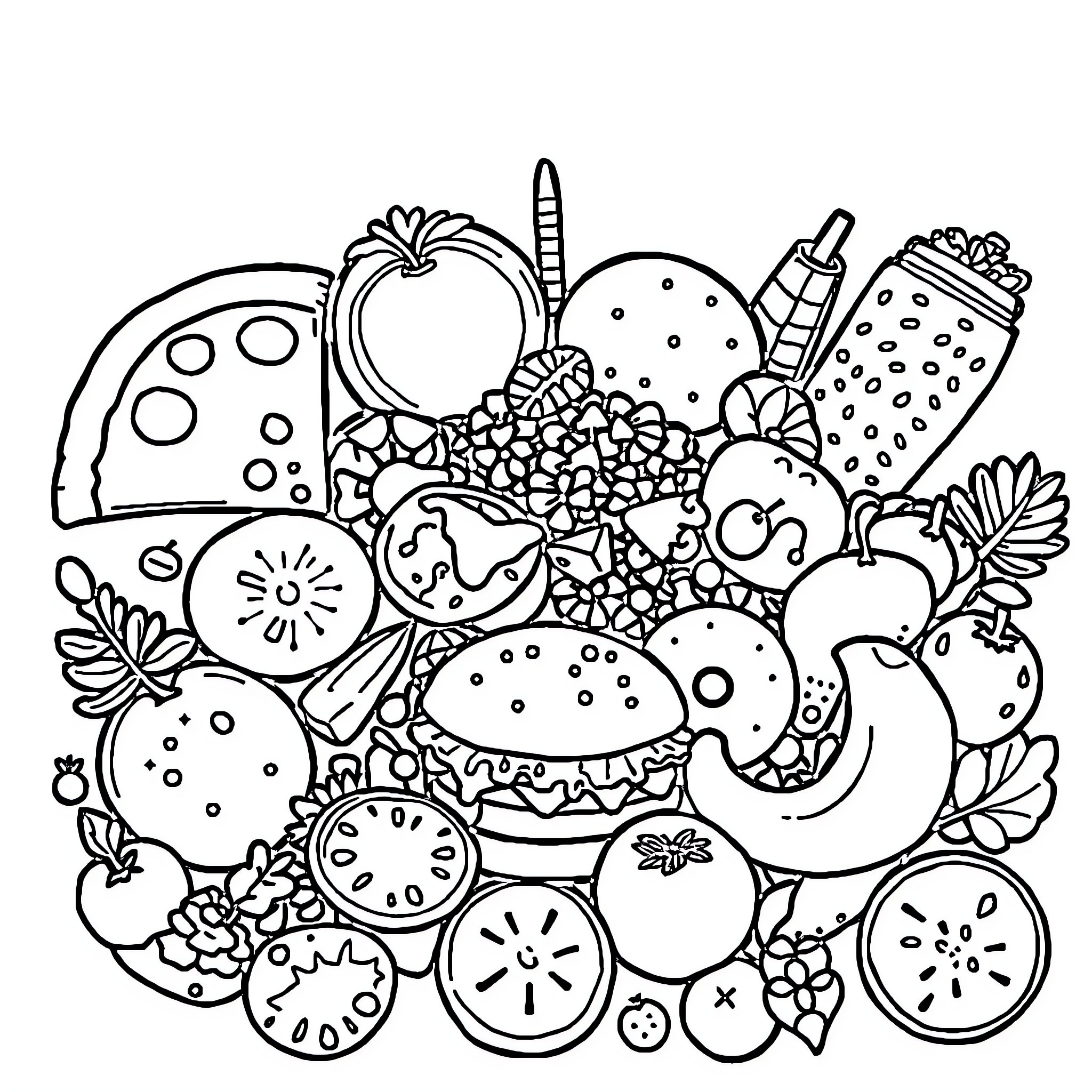 Food Fun with Colorful Fruits and Veggies Coloring Page (free black-and-white line drawing printable PDF for all, from beginners to advanced learners, including children, teens, adults, and seniors)