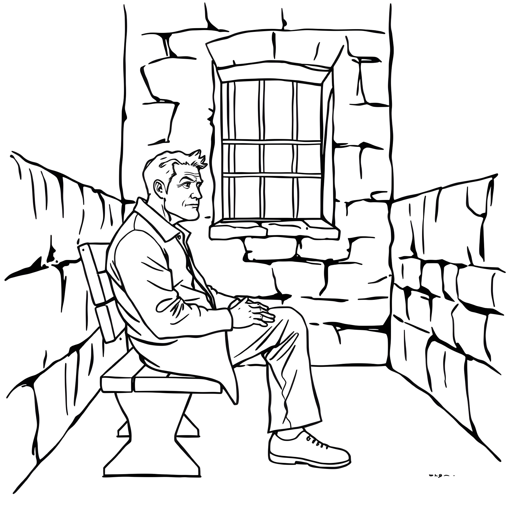 Robert Fico sits pensively in front of a window Coloring Page (free black-and-white line drawing printable PDF for all, from beginners to advanced learners, including children, teens, adults, and seniors)