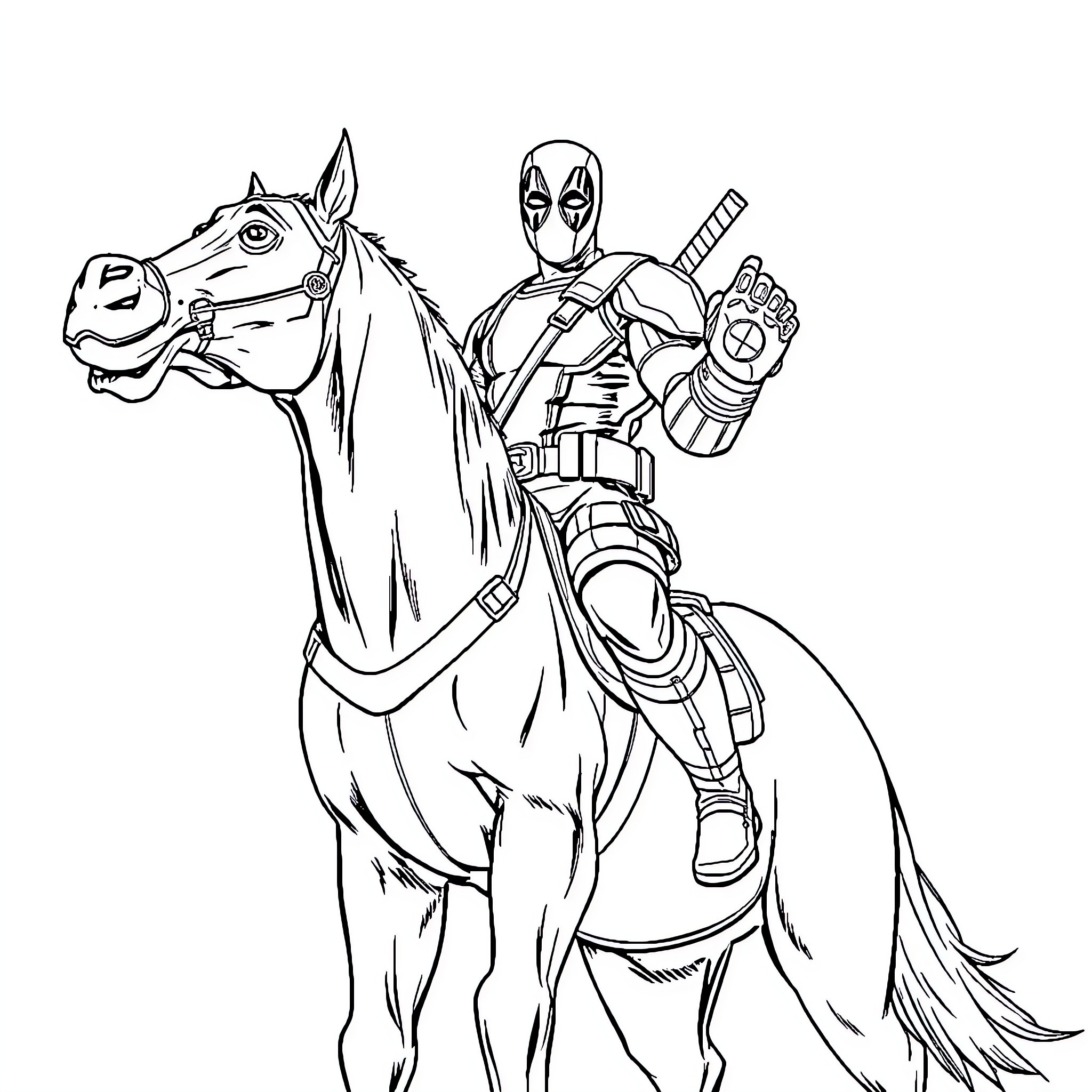 Deadpool riding a horse and wielding weapons Coloring Page (free black-and-white line drawing printable PDF for all, from beginners to advanced learners, including children, teens, adults, and seniors)