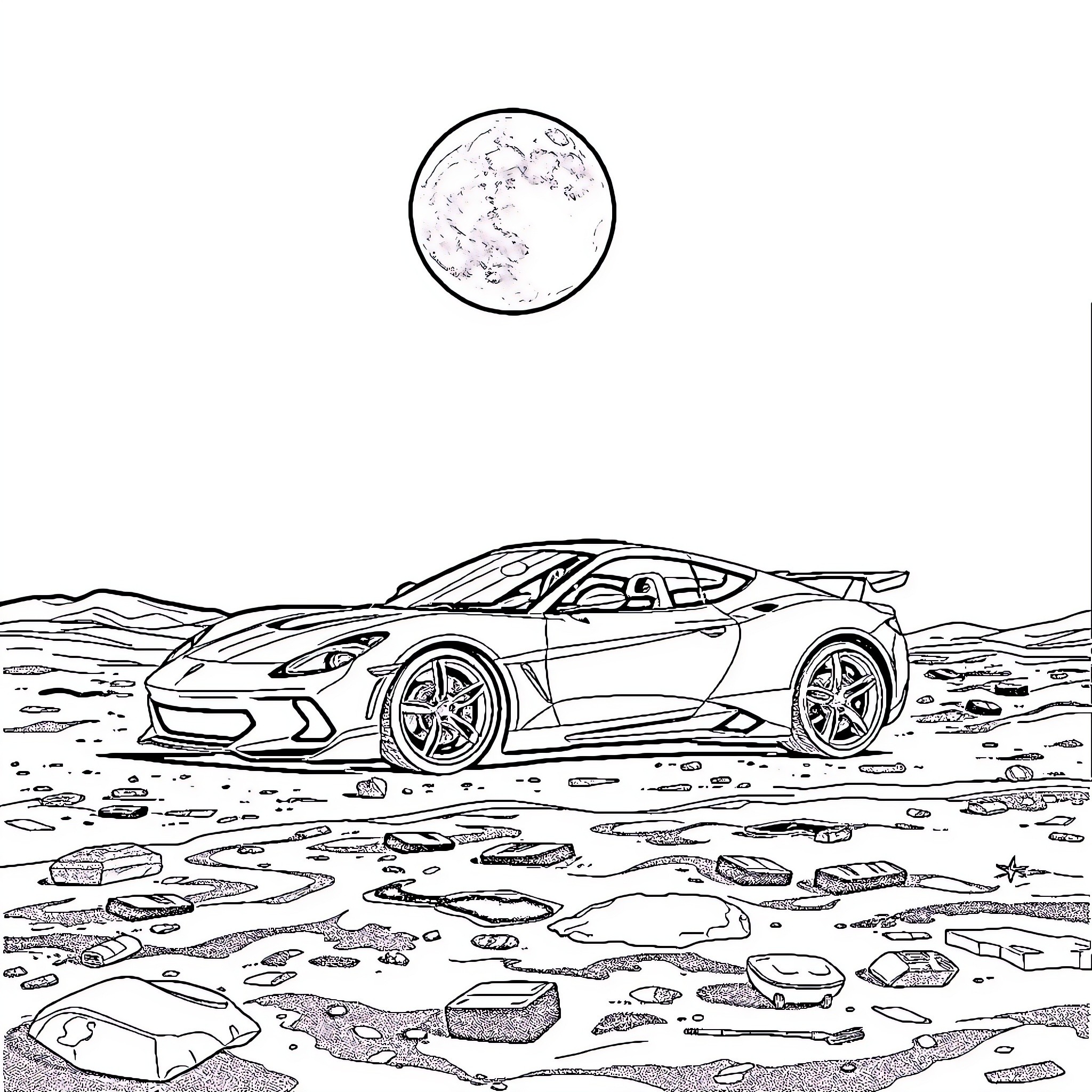 Sports Car Racing on Rugged Terrain Coloring Page (free black-and-white line drawing printable PDF for all, from beginners to advanced learners, including children, teens, adults, and seniors)