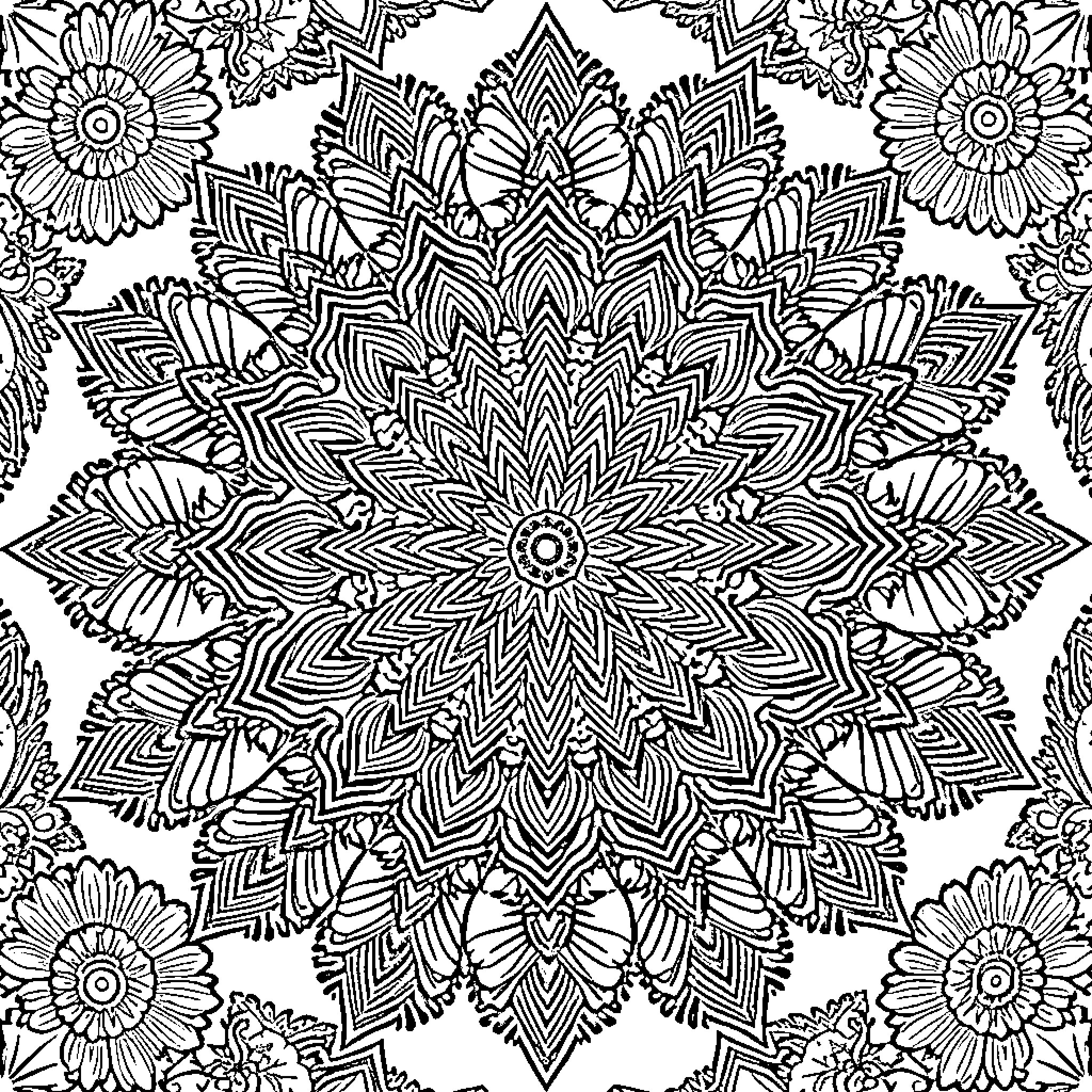 Mandala with intricate floral patterns Coloring Page (free black-and-white line drawing printable PDF for all, from beginners to advanced learners, including children, teens, adults, and seniors)