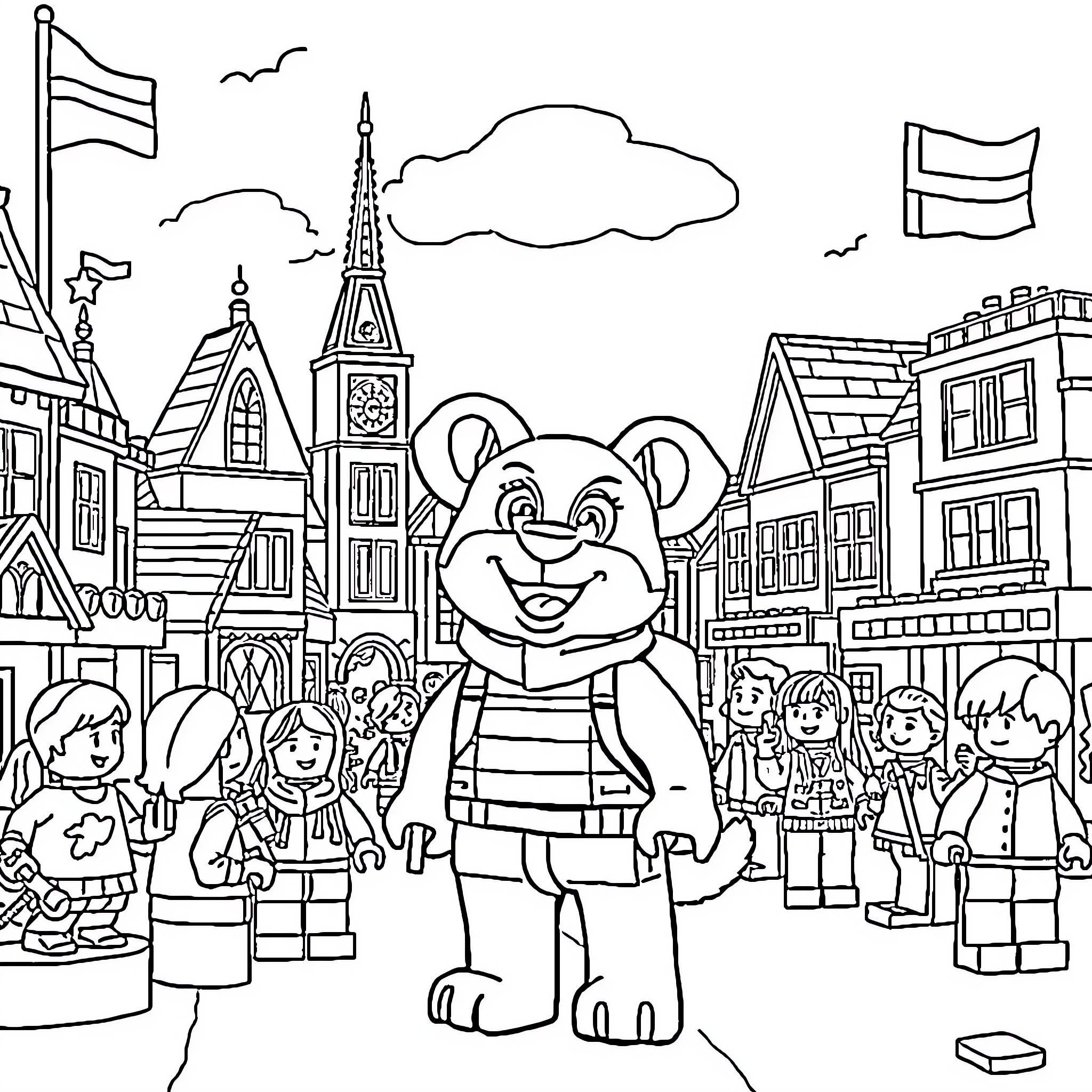 Bluey and friends explore a lively city scene Coloring Page (free black-and-white line drawing printable PDF for all, from beginners to advanced learners, including children, teens, adults, and seniors)