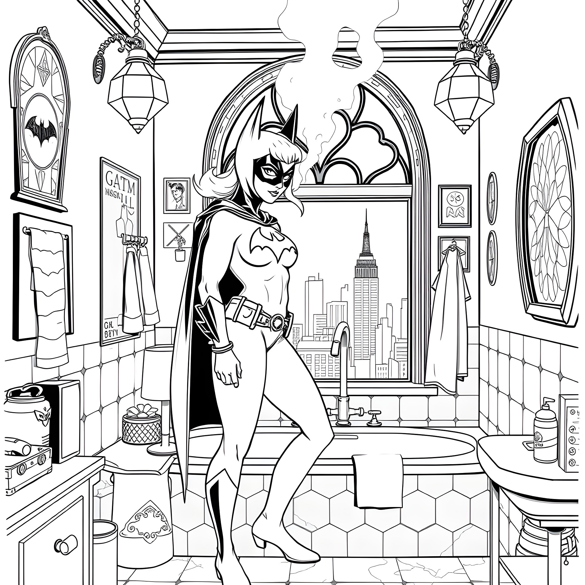 Batgirl exploring the city's nighttime scenery Coloring Page (free black-and-white line drawing printable PDF for all, from beginners to advanced learners, including children, teens, adults, and seniors)