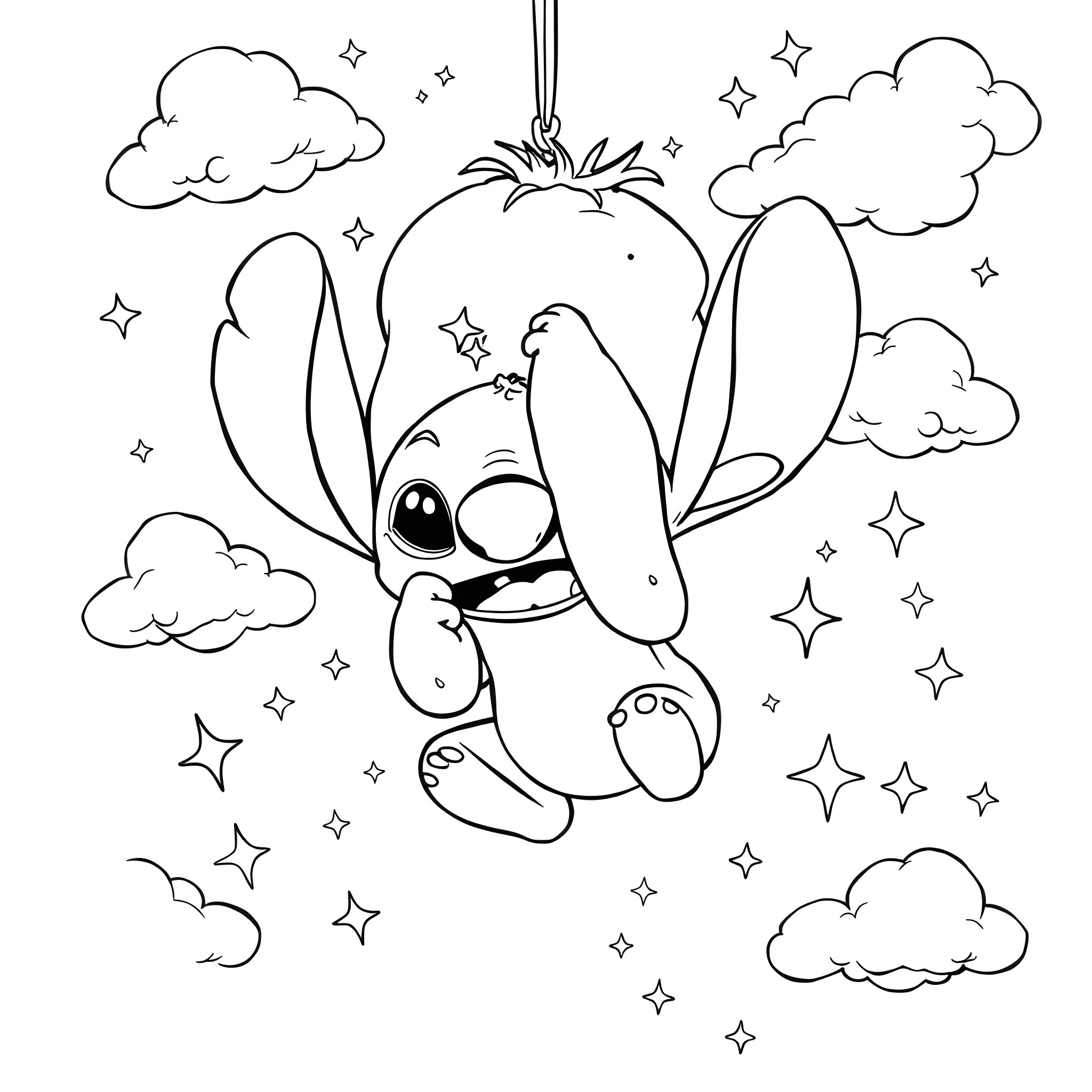 Stitch floating amongst the stars Coloring Page (free black-and-white line drawing printable PDF for all, from beginners to advanced learners, including children, teens, adults, and seniors)
