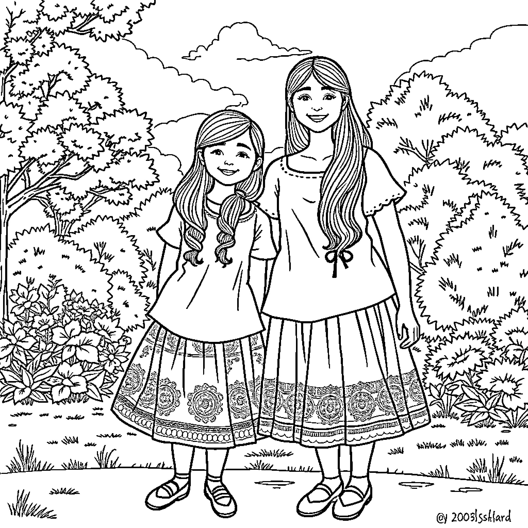 Sisters enjoying a scenic nature walk together Coloring Page (free black-and-white line drawing printable PDF for all, from beginners to advanced learners, including children, teens, adults, and seniors)