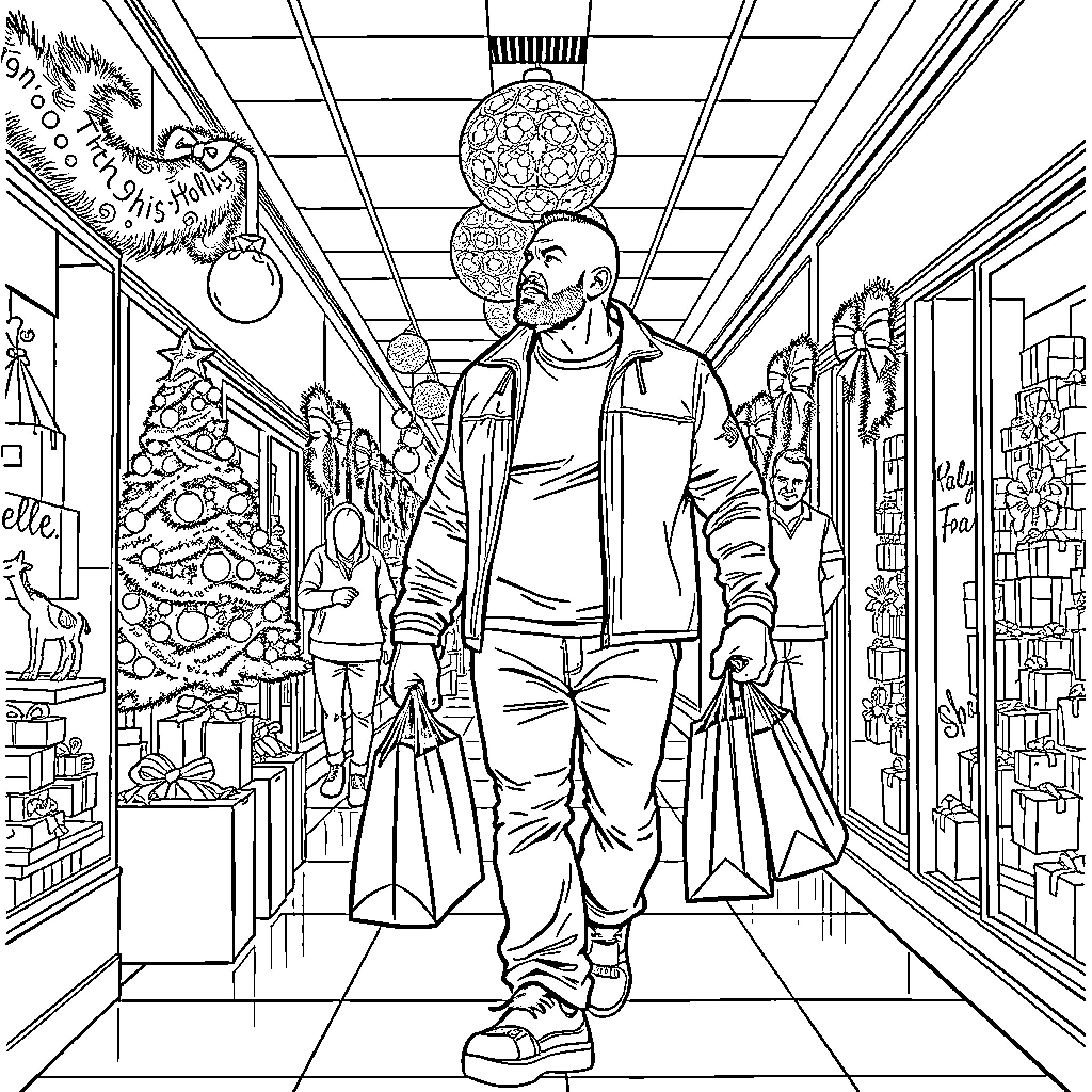 Steve Austin's Holiday Shopping Spree Coloring Page (free black-and-white line drawing printable PDF for all, from beginners to advanced learners, including children, teens, adults, and seniors)