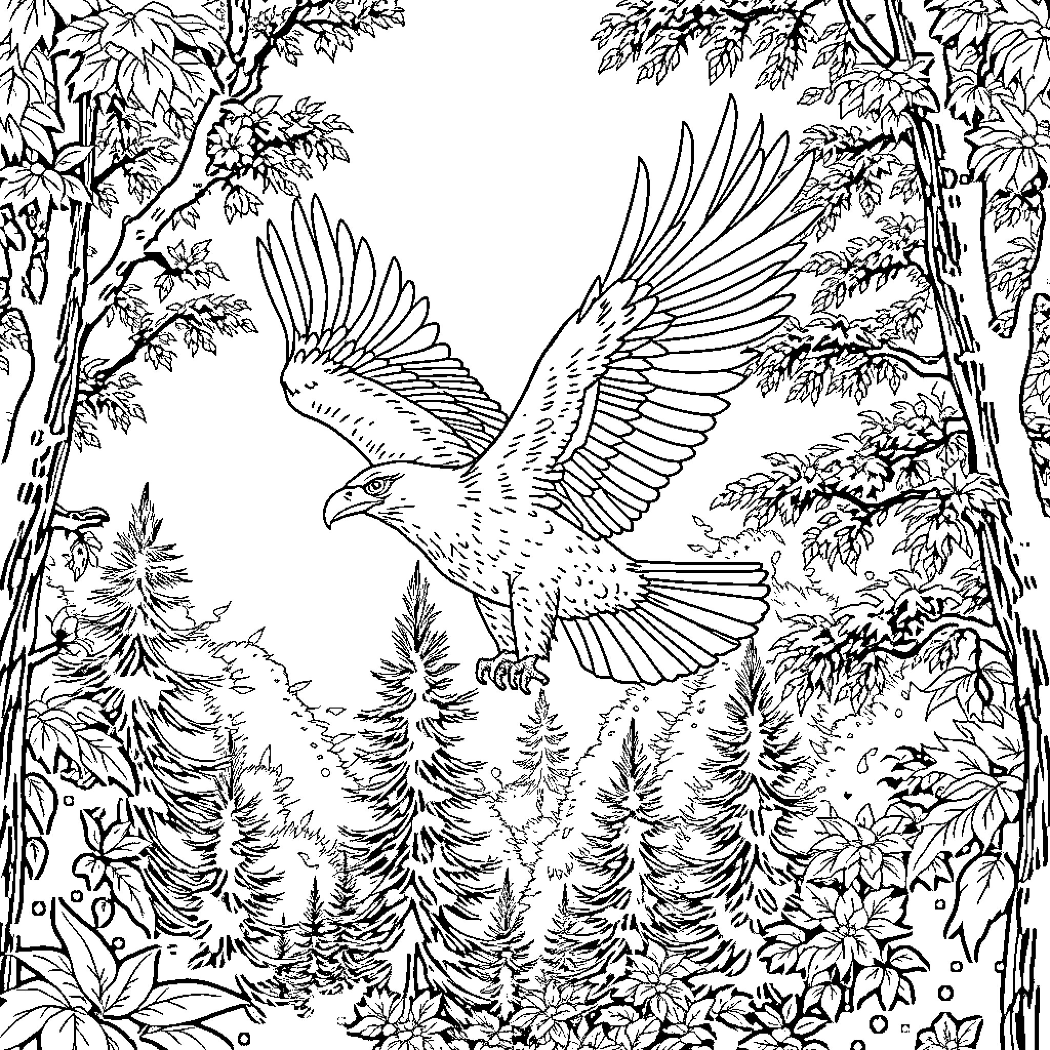 Eagle soaring gracefully through the forest Coloring Page (free black-and-white line drawing printable PDF for all, from beginners to advanced learners, including children, teens, adults, and seniors)