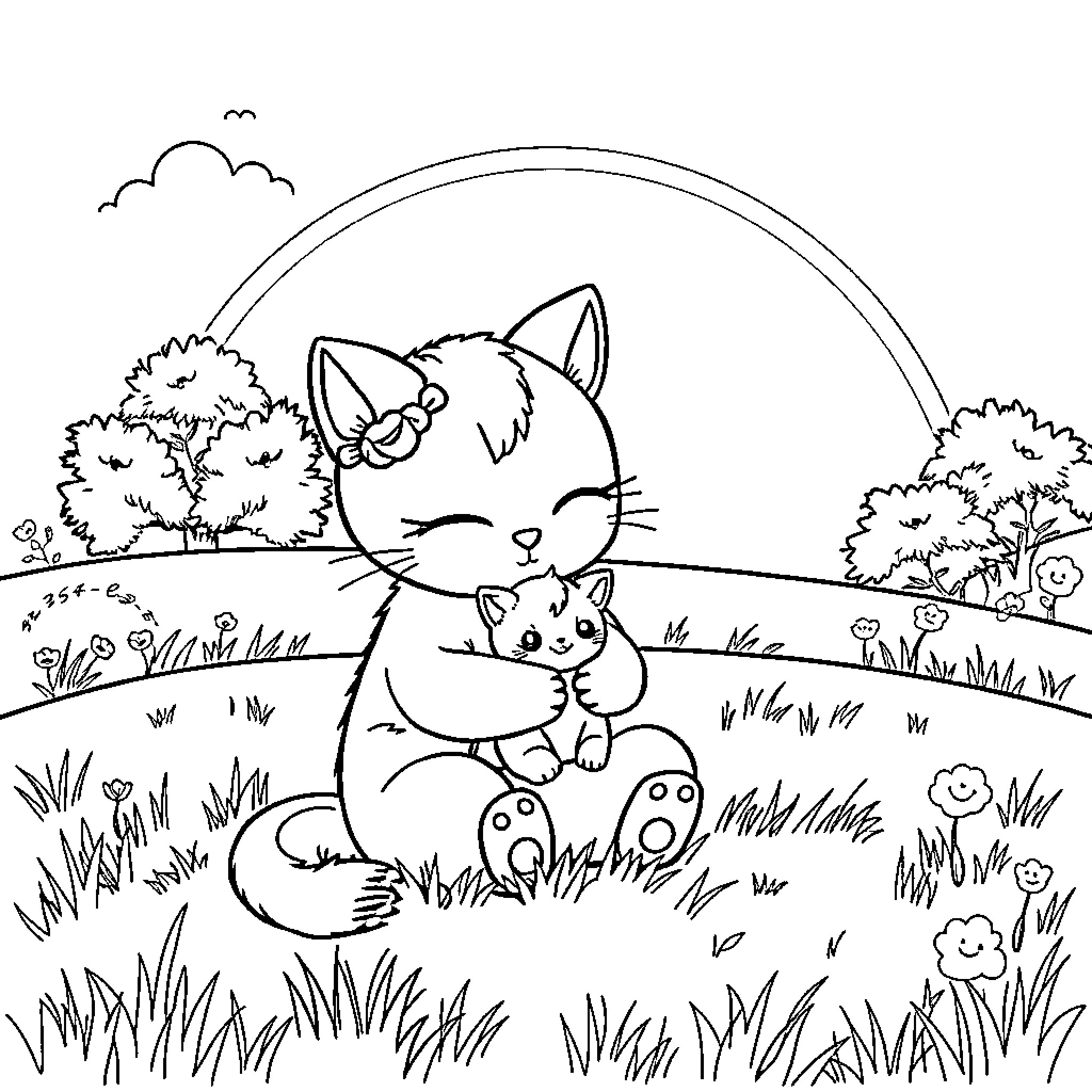Unikitty and her kitten exploring the peaceful meadow Coloring Page (free black-and-white line drawing printable PDF for all, from beginners to advanced learners, including children, teens, adults, and seniors)