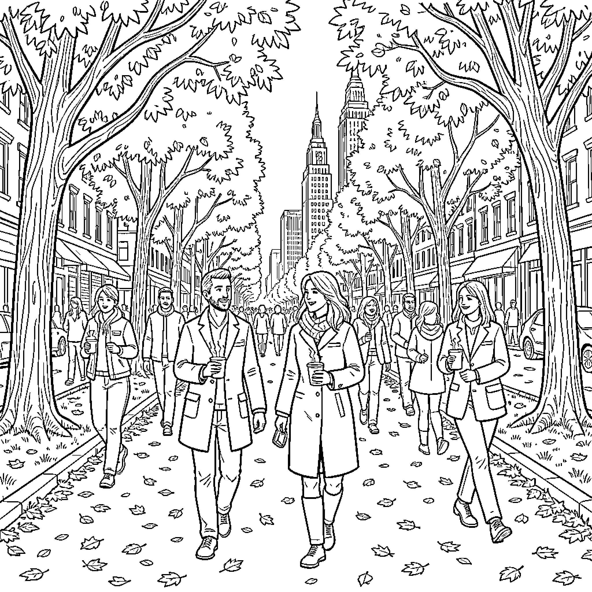 Fall walk through a busy city street Coloring Page (free black-and-white line drawing printable PDF for all, from beginners to advanced learners, including children, teens, adults, and seniors)