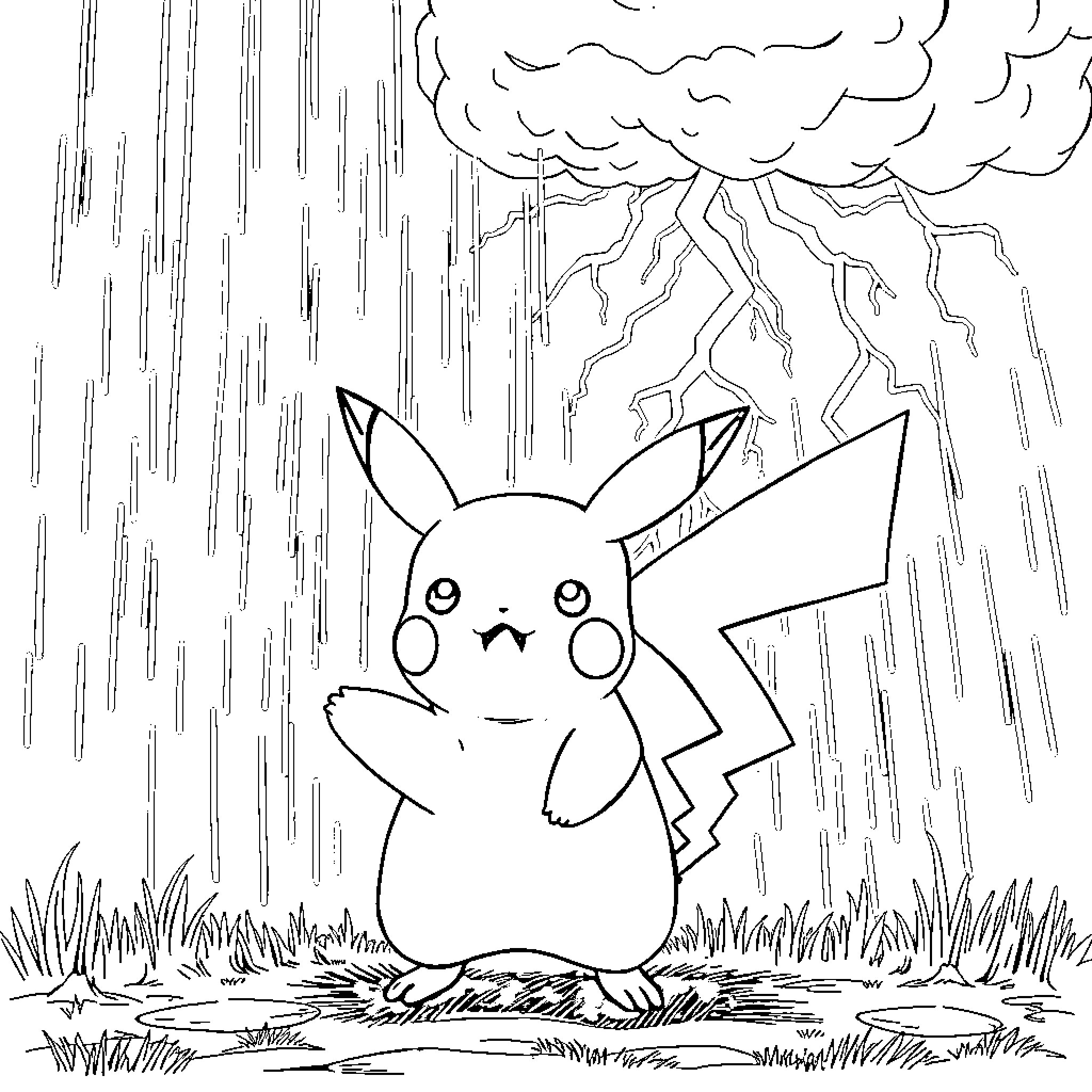 Pikachu enjoying the rainy weather Coloring Page (free black-and-white line drawing printable PDF for all, from beginners to advanced learners, including children, teens, adults, and seniors)
