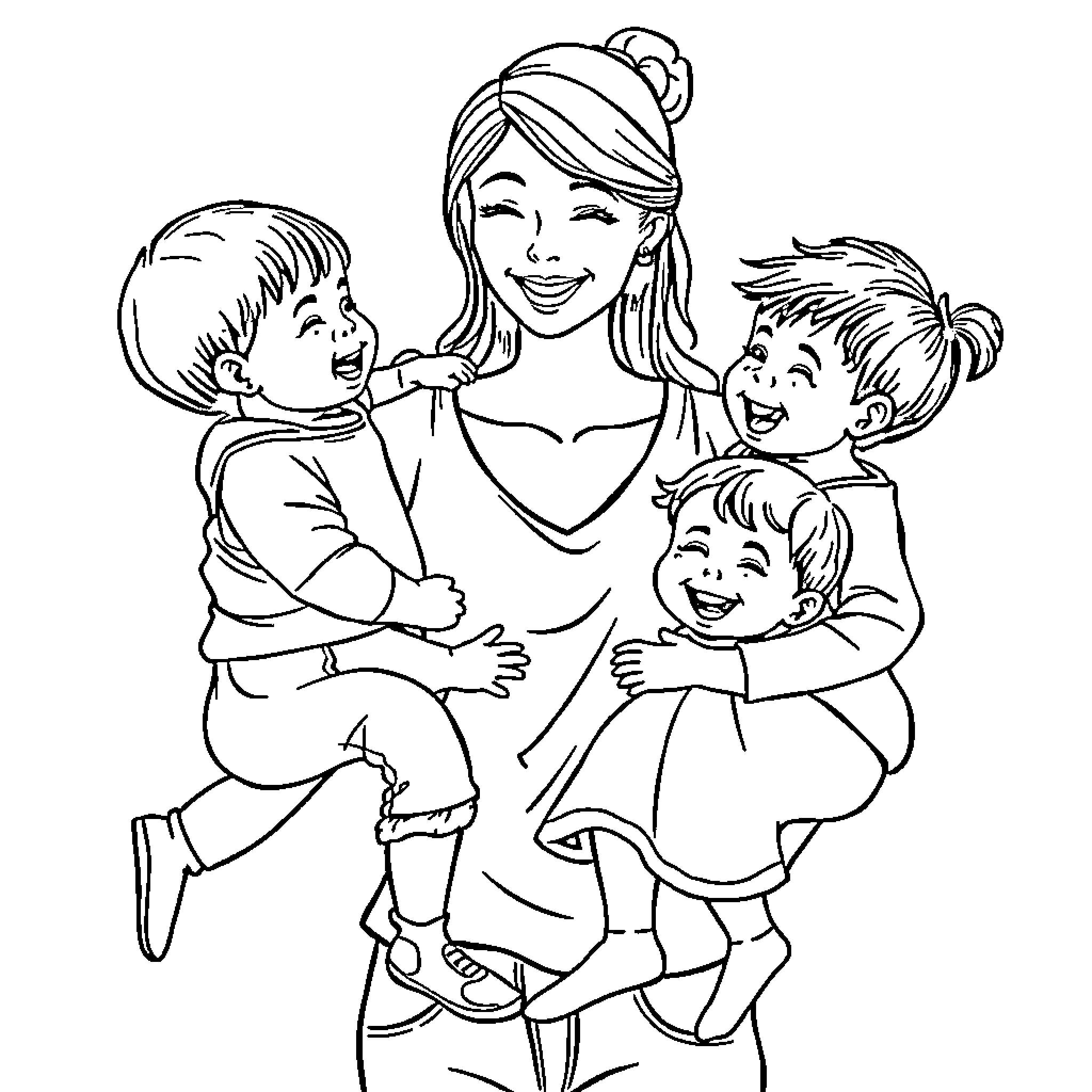 Mom hugging and playing with joyful children Coloring Page (free black-and-white line drawing printable PDF for all, from beginners to advanced learners, including children, teens, adults, and seniors)
