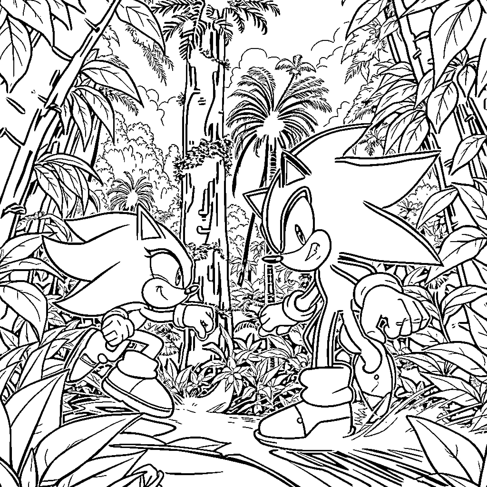 Sonic's Adventure in a Lush Tropical Jungle Coloring Page (free black-and-white line drawing printable PDF for all, from beginners to advanced learners, including children, teens, adults, and seniors)