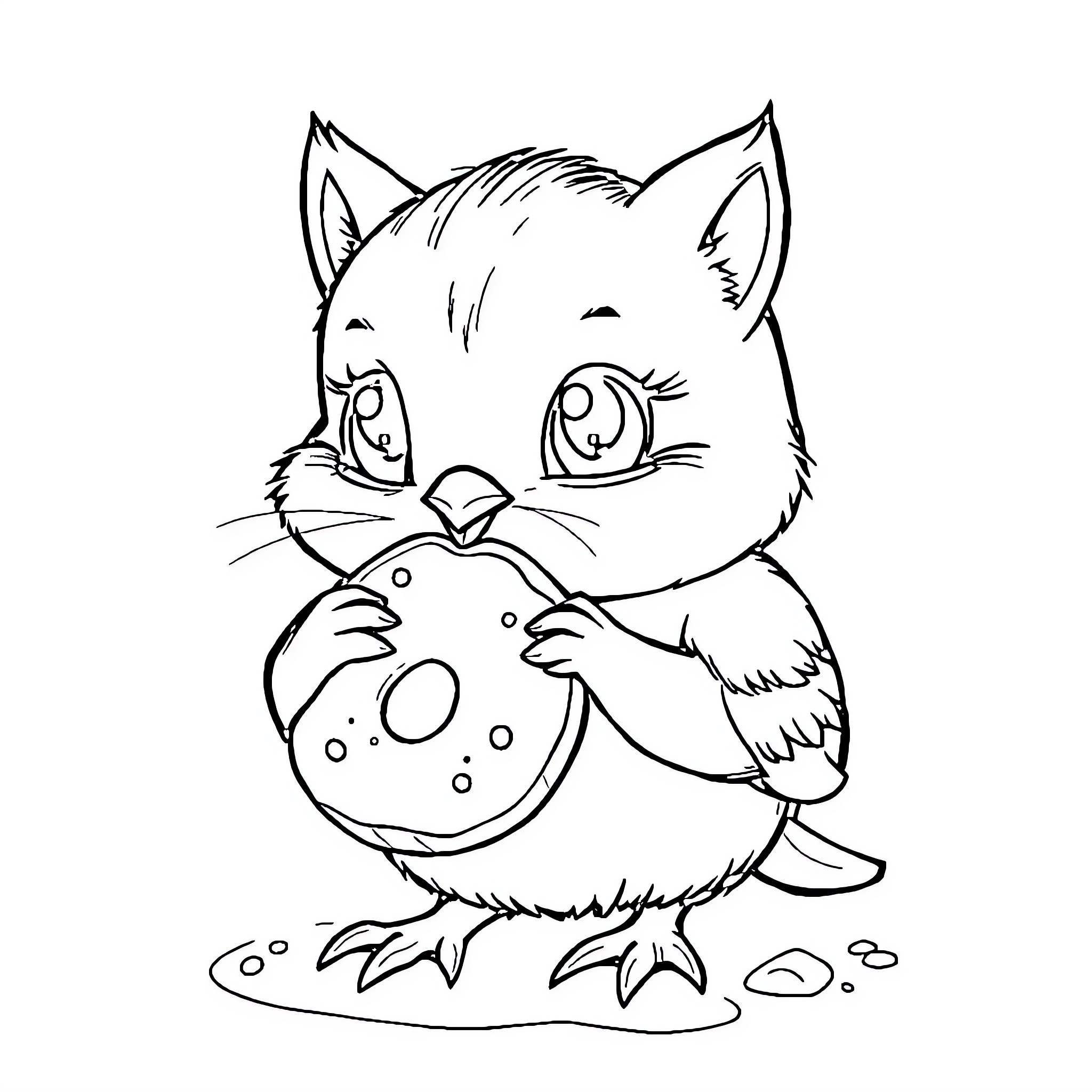Kitten playing with donut Coloring Page (free black-and-white line drawing printable PDF for all, from beginners to advanced learners, including children, teens, adults, and seniors)