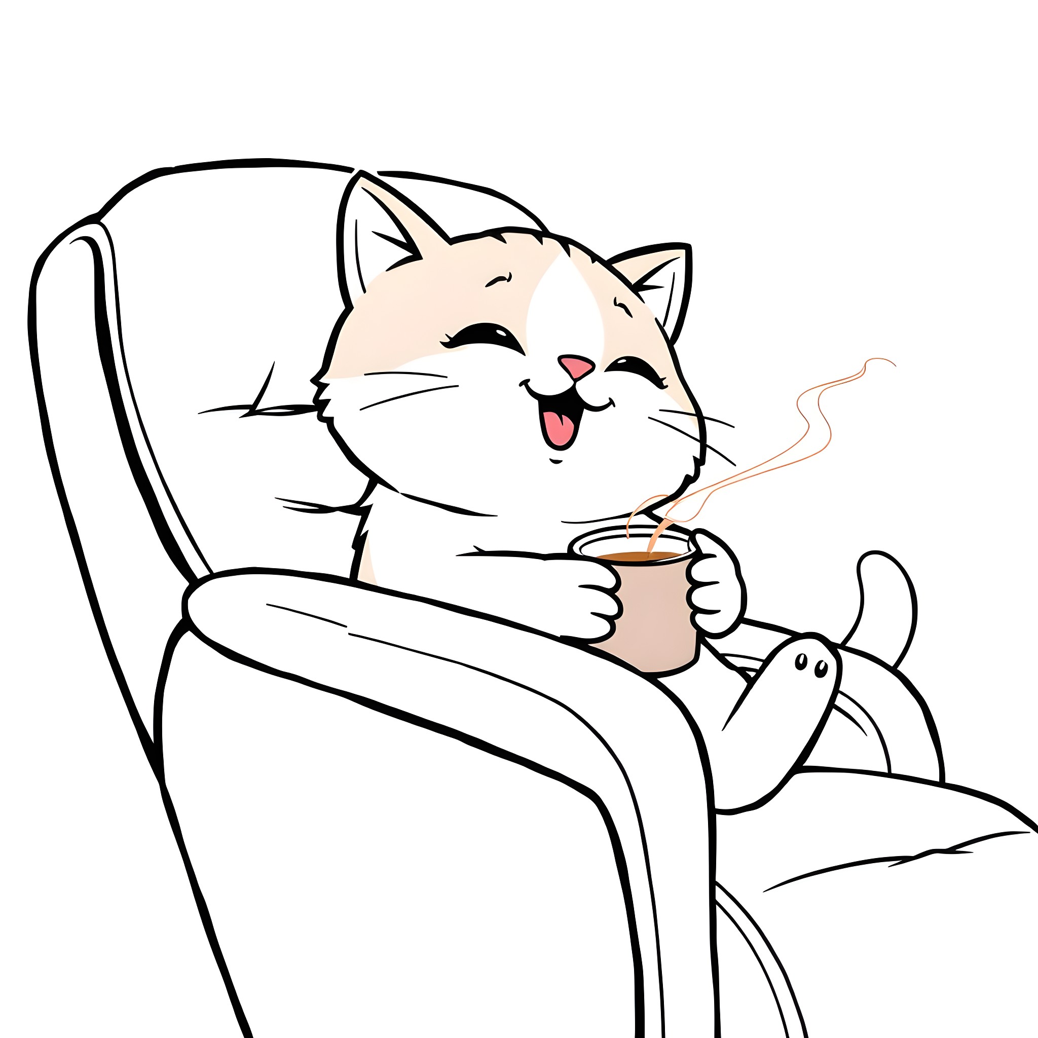Cat enjoying a cozy drink in a comfortable chair Coloring Page (free black-and-white line drawing printable PDF for all, from beginners to advanced learners, including children, teens, adults, and seniors)