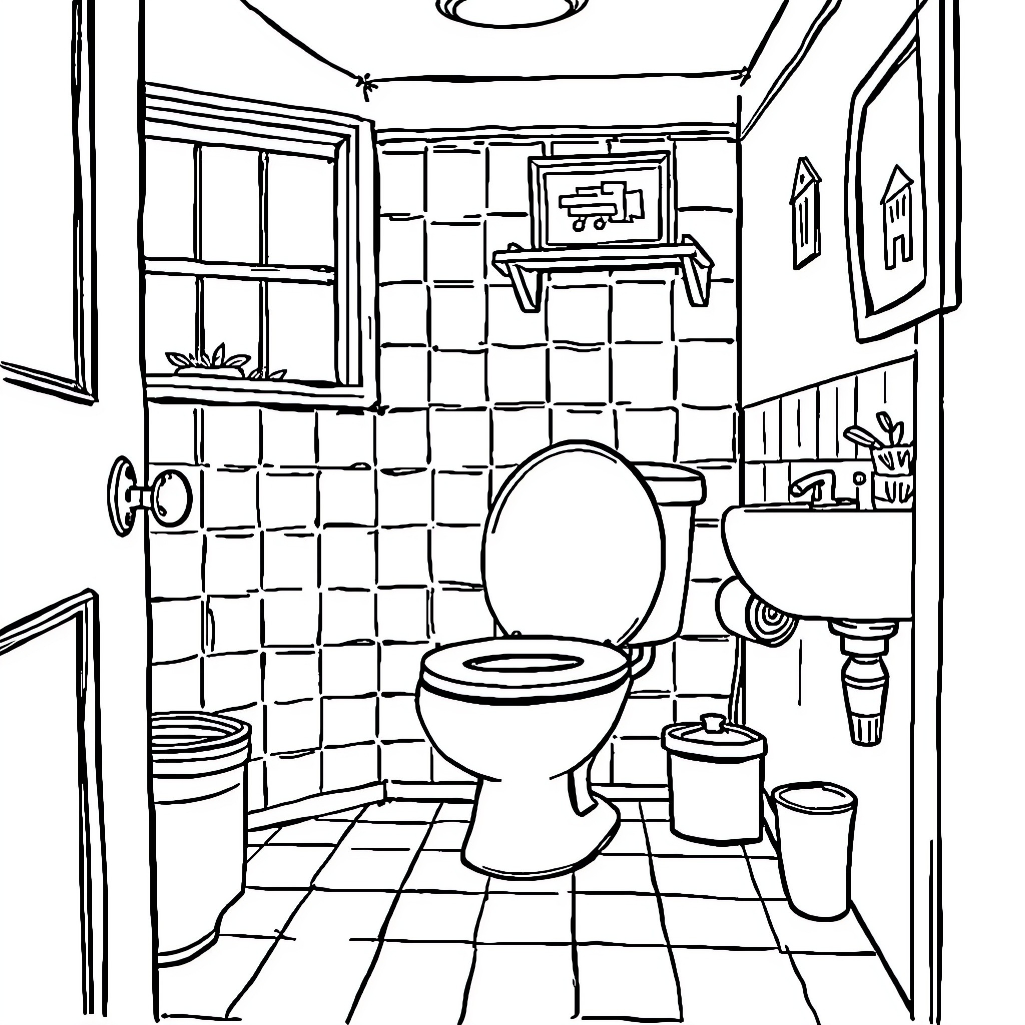 Person in bathroom with tiled walls and fixtures Coloring Page (free black-and-white line drawing printable PDF for all, from beginners to advanced learners, including children, teens, adults, and seniors)