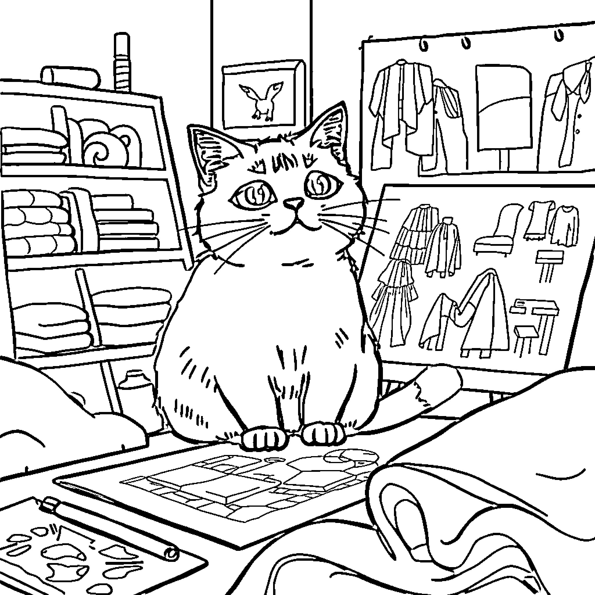 Pusheen the Cat in a Cozy Crafting Corner Coloring Page (free black-and-white line drawing printable PDF for all, from beginners to advanced learners, including children, teens, adults, and seniors)