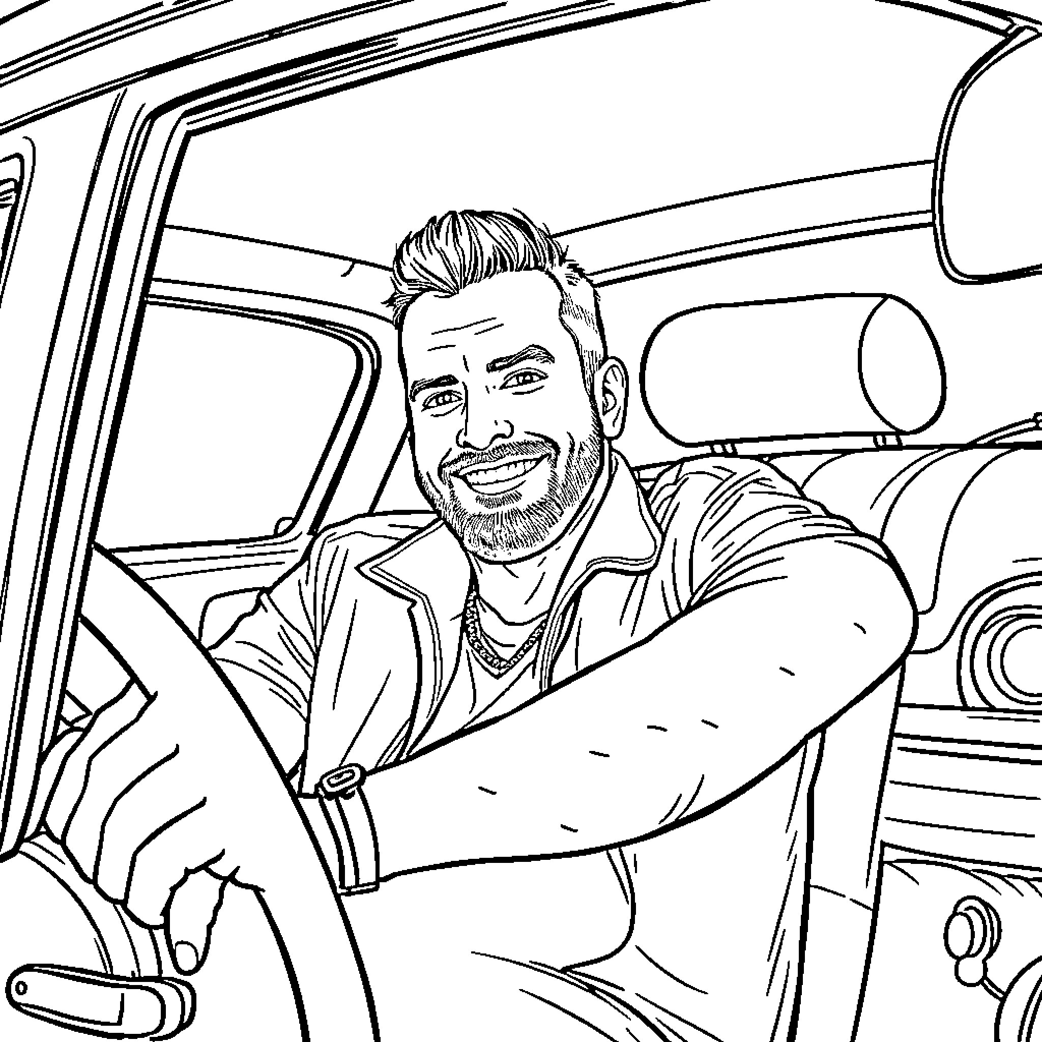 Cm Punk driving and smiling in his vehicle Coloring Page (free black-and-white line drawing printable PDF for all, from beginners to advanced learners, including children, teens, adults, and seniors)