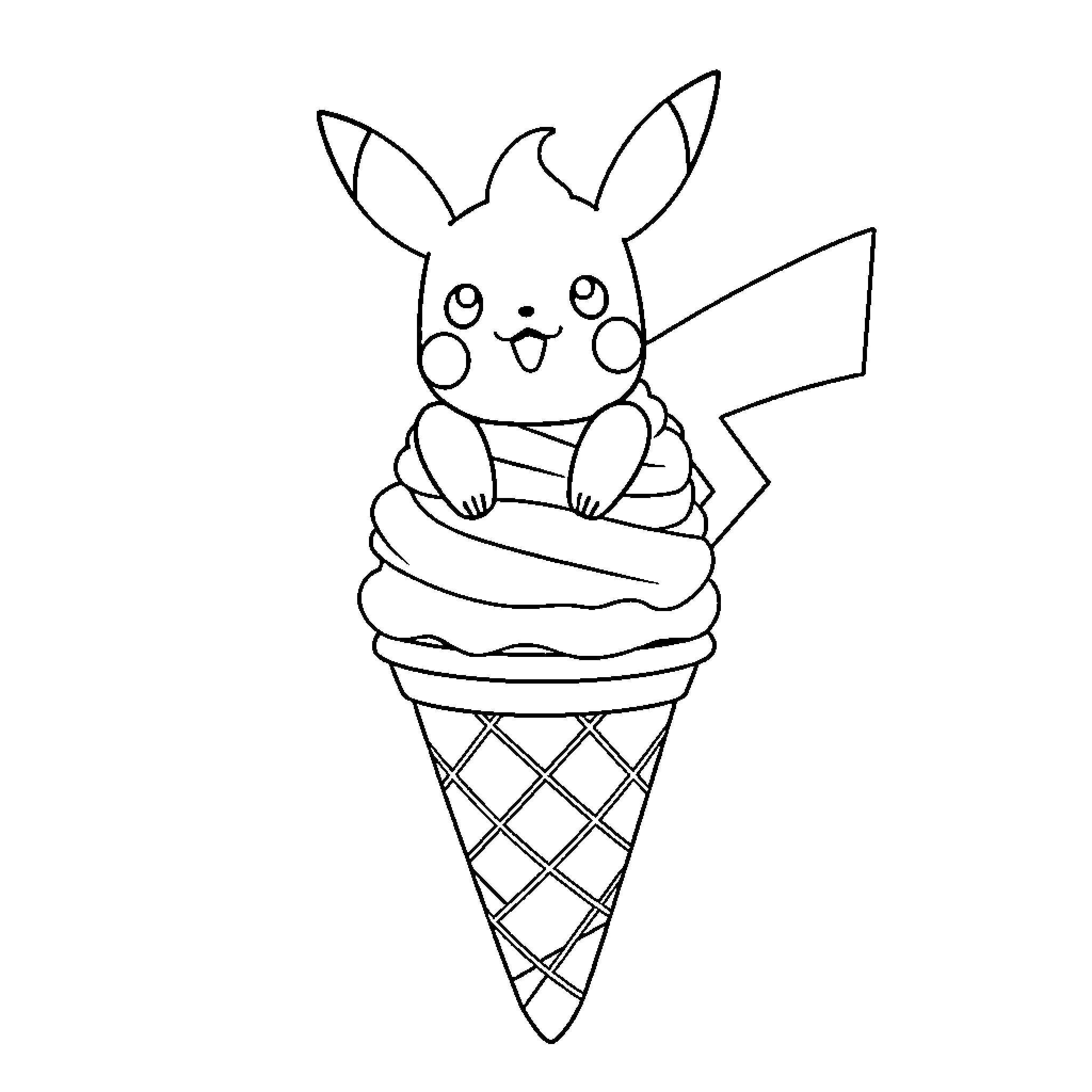 Ice Cream Pikachu enjoying a cool treat Coloring Page (free black-and-white line drawing printable PDF for all, from beginners to advanced learners, including children, teens, adults, and seniors)