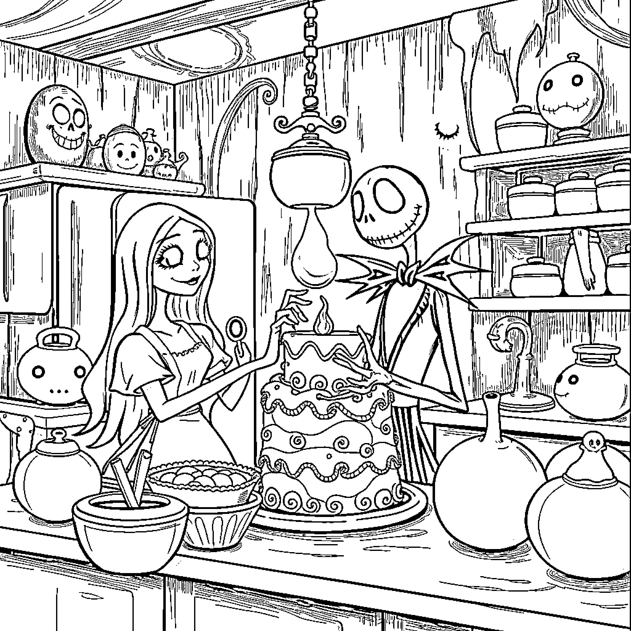 Nightmare Before Christmas: Spooky Characters Gather Around Elaborate Cake Coloring Page (free black-and-white line drawing printable PDF for all, from beginners to advanced learners, including children, teens, adults, and seniors)